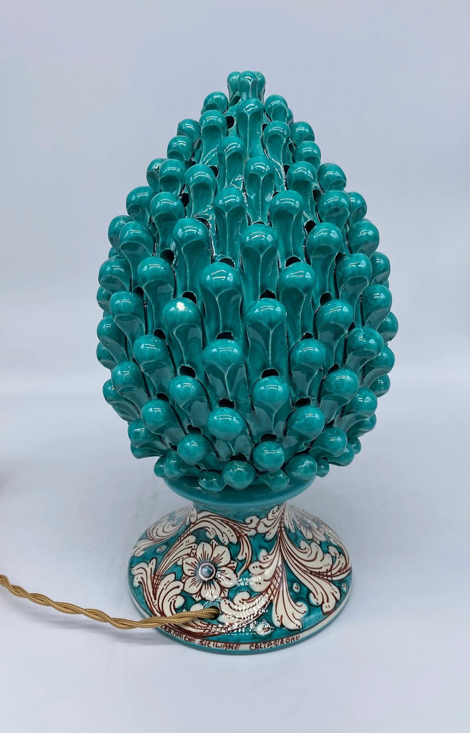 Lampada Pigna traforata Ceramica Caltagirone cm H.30 L.20 Artigianale Verde Base Decorata DD CERAMICHE SICILIANE