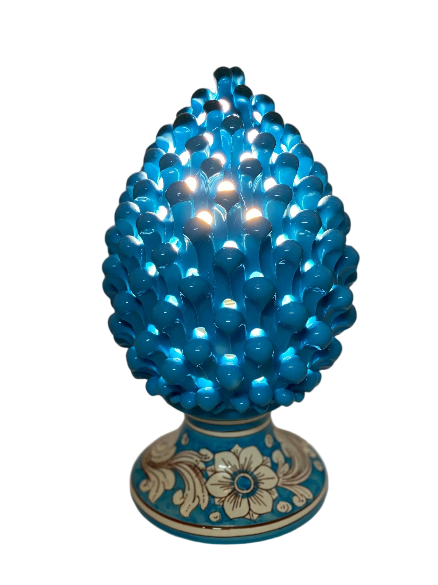 Lampada Pigna traforata Ceramica Caltagirone cm H.30 L.20 Artigianale Celeste Base Decorata - DD CERAMICHE SICILIANE