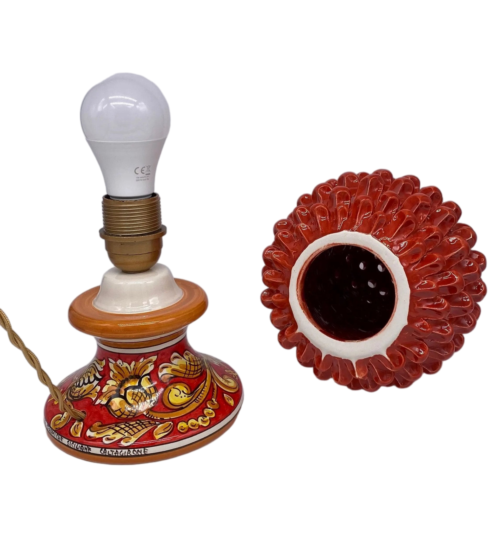 Lampada Pigna traforata Ceramica Caltagirone cm H.30 L.20 Artigianale Rosso Base Decorata - DD CERAMICHE SICILIANE