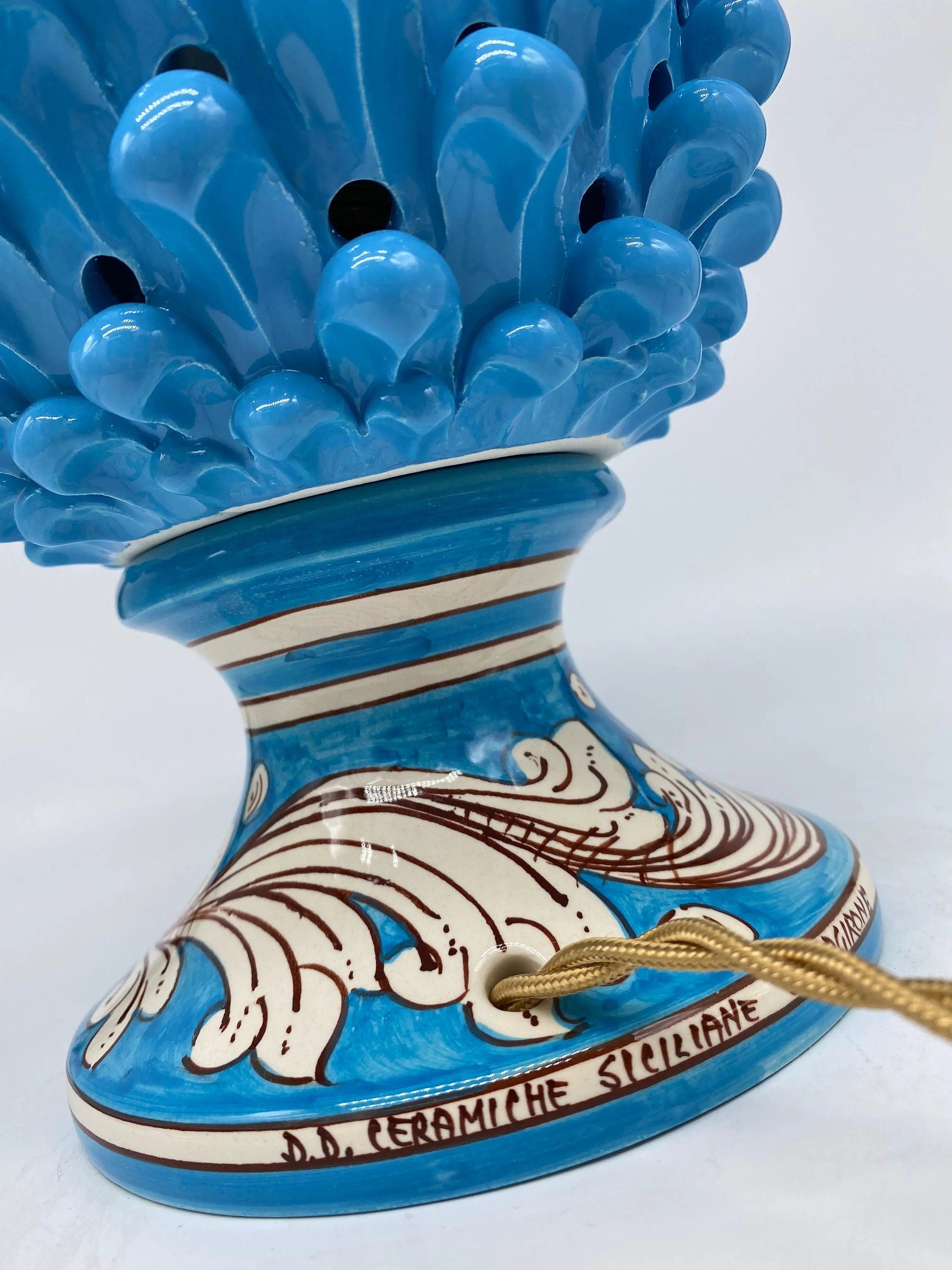 Lampada Pigna traforata Ceramica Caltagirone cm H.30 L.20 Artigianale Celeste Base Decorata DD CERAMICHE SICILIANE