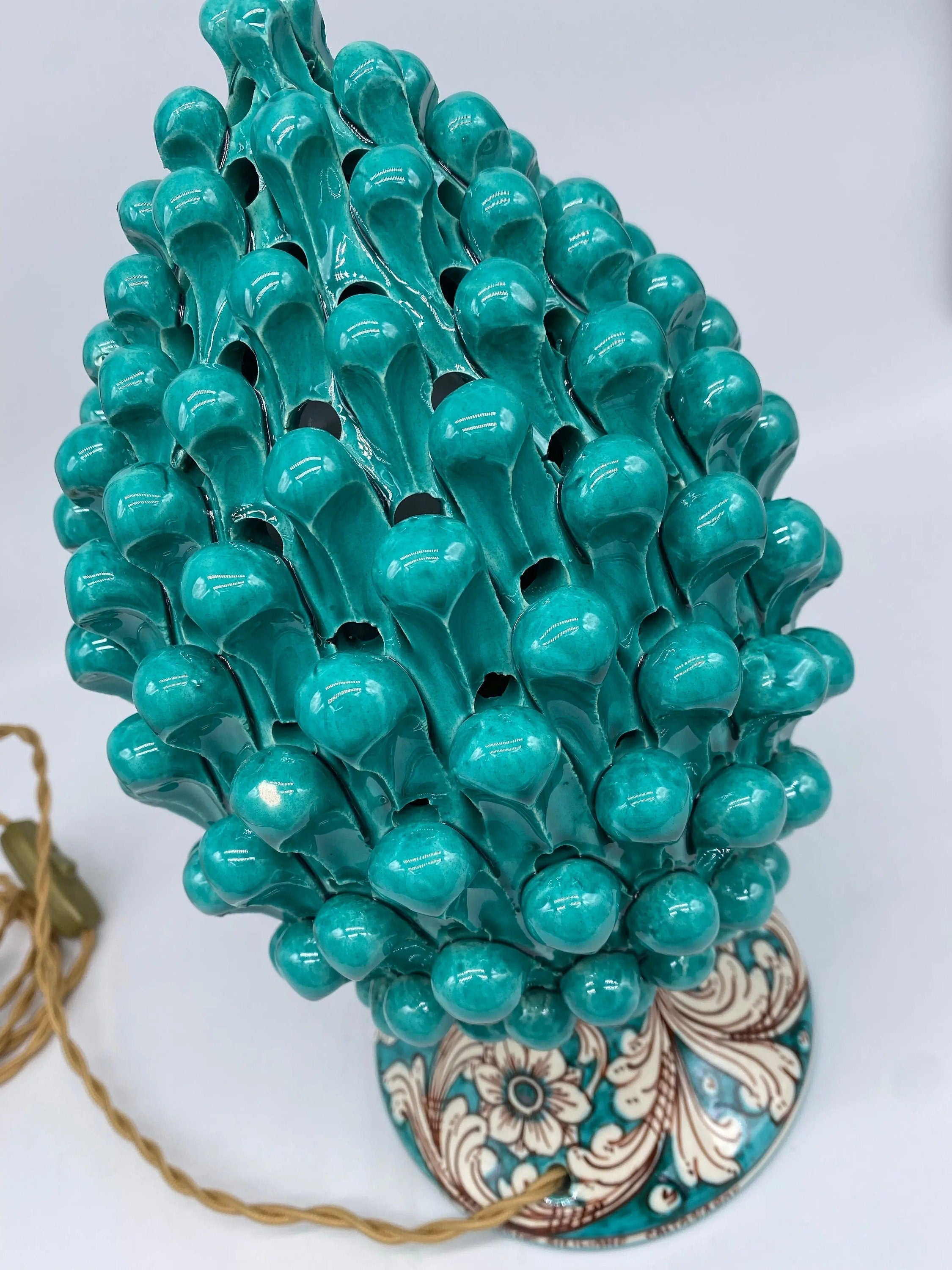 Lampada Pigna traforata Ceramica Caltagirone cm H.30 L.20 Artigianale Verde Base Decorata DD CERAMICHE SICILIANE