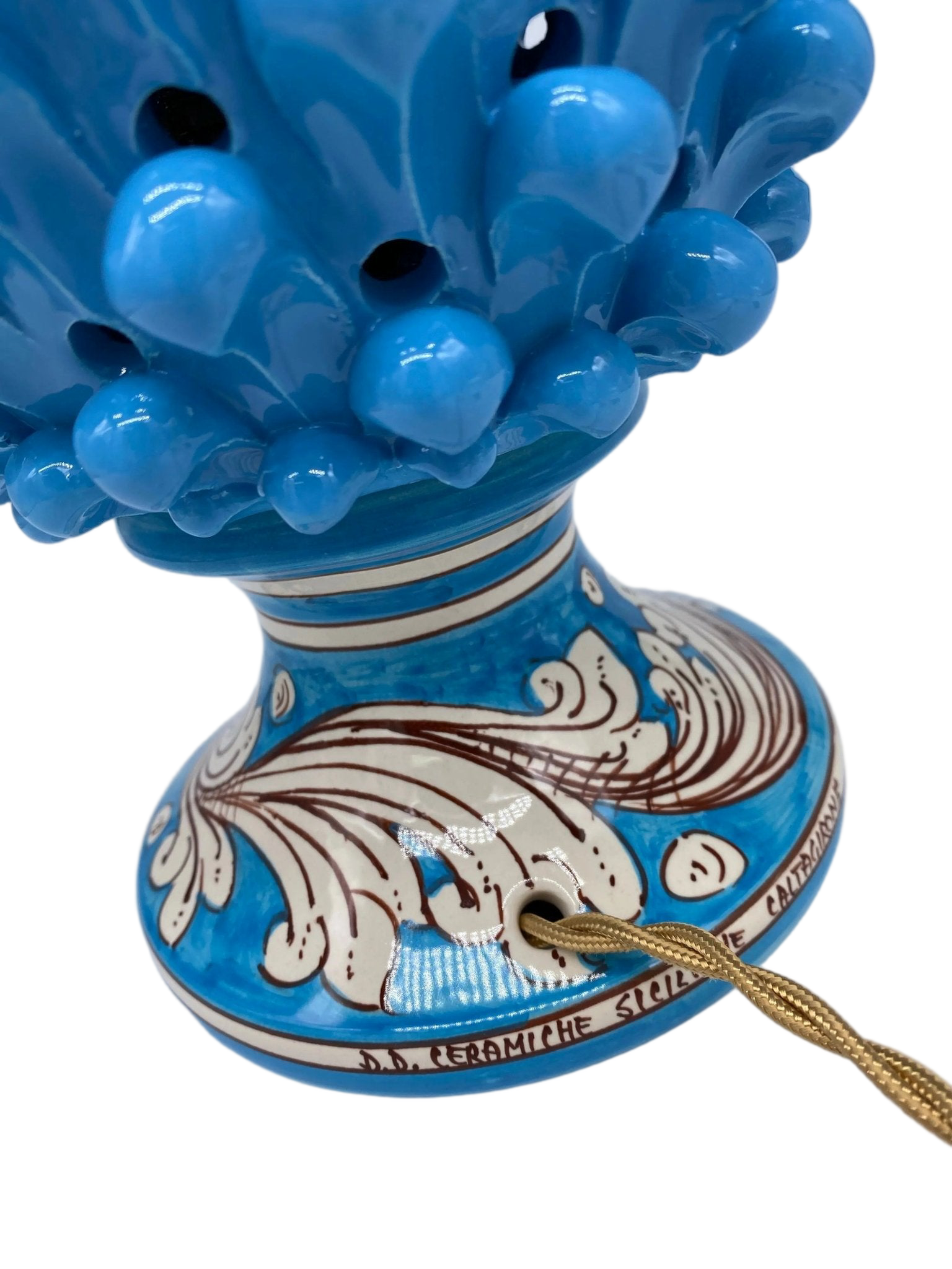 Lampada Pigna traforata Ceramica Caltagirone cm H.30 L.20 Artigianale Celeste Base Decorata - DD CERAMICHE SICILIANE