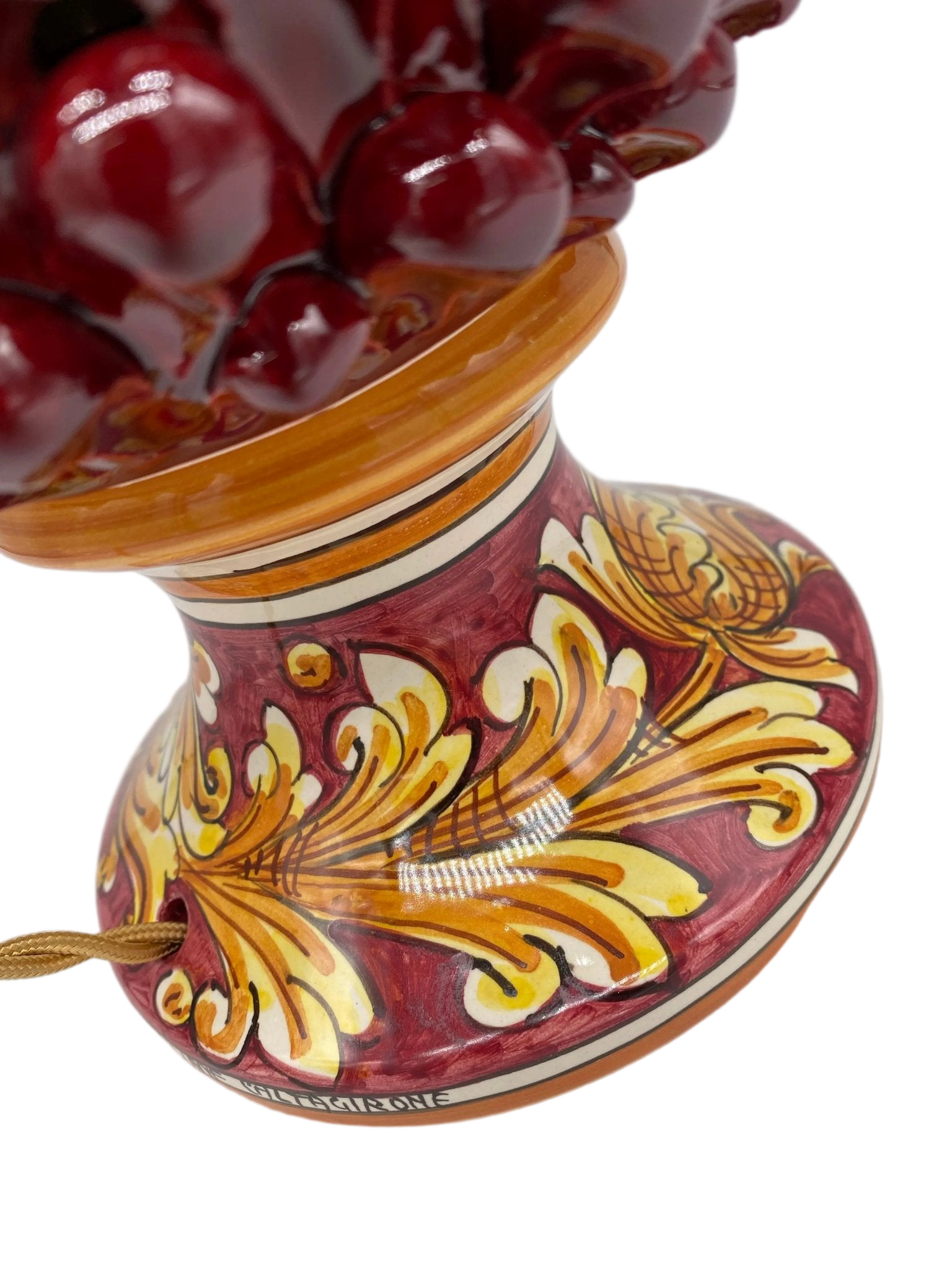 Lampada Pigna traforata Ceramica Caltagirone cm H.30 L.20 Artigianale Bordeaux Base Decorata - DD CERAMICHE SICILIANE