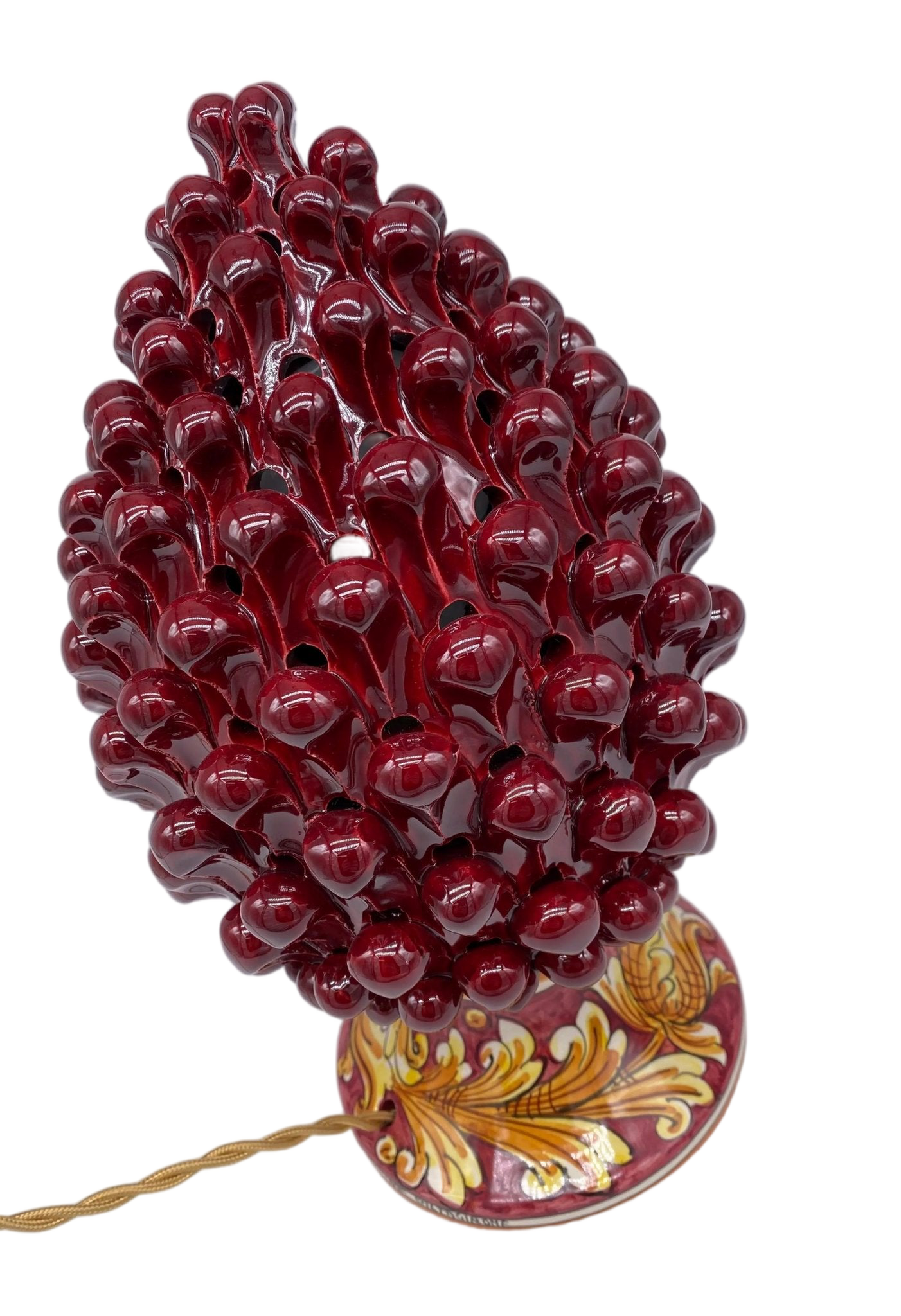 Lampada Pigna traforata Ceramica Caltagirone cm H.30 L.20 Artigianale Bordeaux Base Decorata - DD CERAMICHE SICILIANE