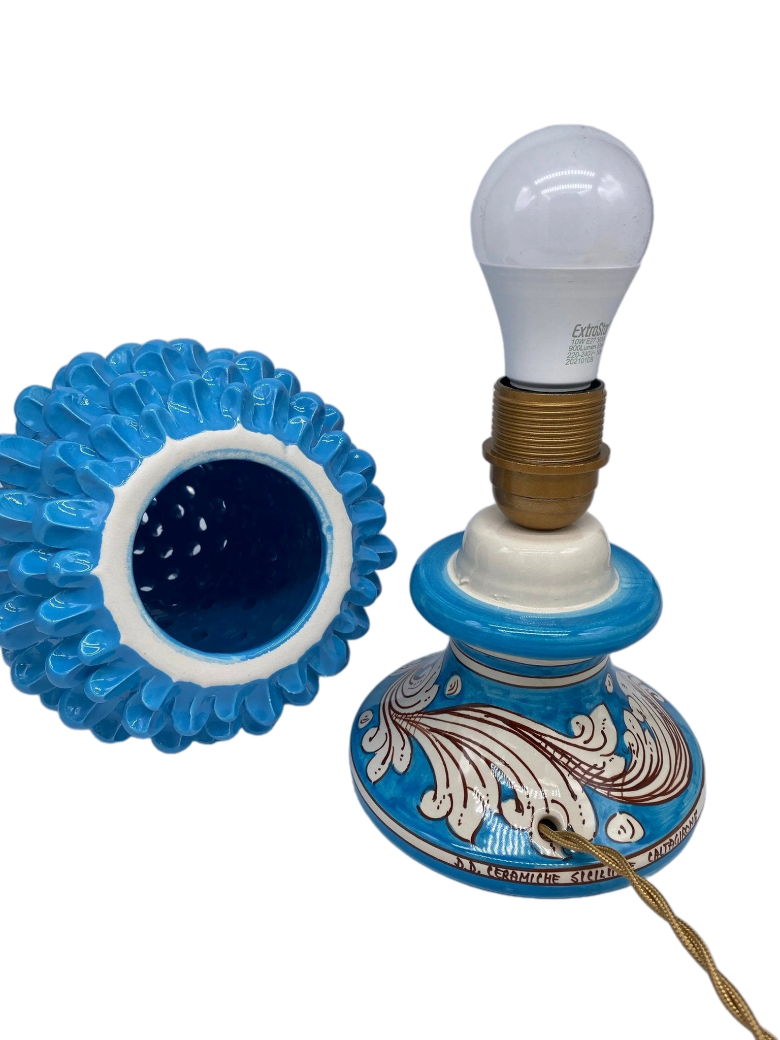 Lampada Pigna traforata Ceramica Caltagirone cm H.30 L.20 Artigianale Celeste Base Decorata - DD CERAMICHE SICILIANE