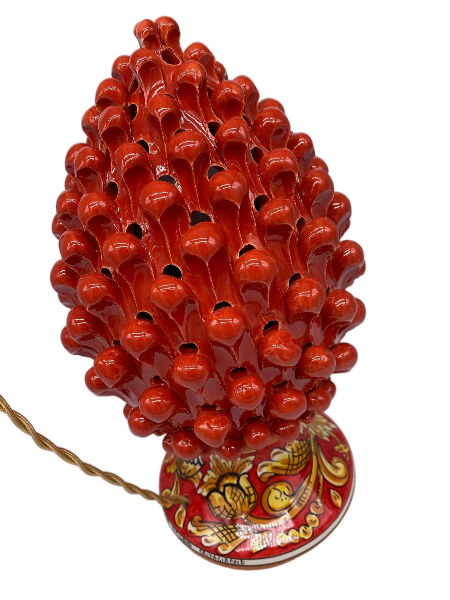 Lampada Pigna traforata Ceramica Caltagirone cm H.30 L.20 Artigianale Rosso Base Decorata - DD CERAMICHE SICILIANE