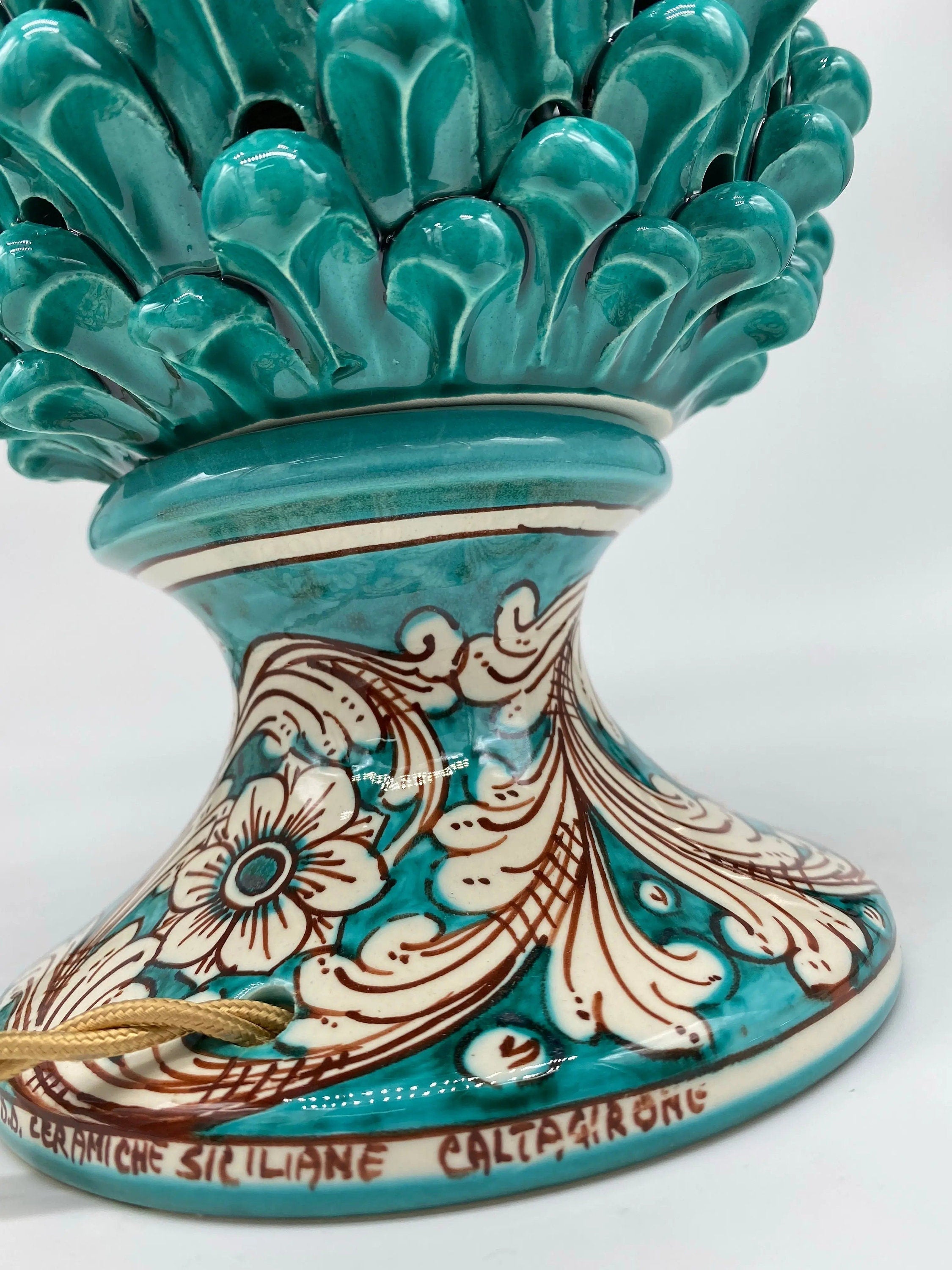 Lampada Pigna traforata Ceramica Caltagirone cm H.30 L.20 Artigianale Verde Base Decorata DD CERAMICHE SICILIANE