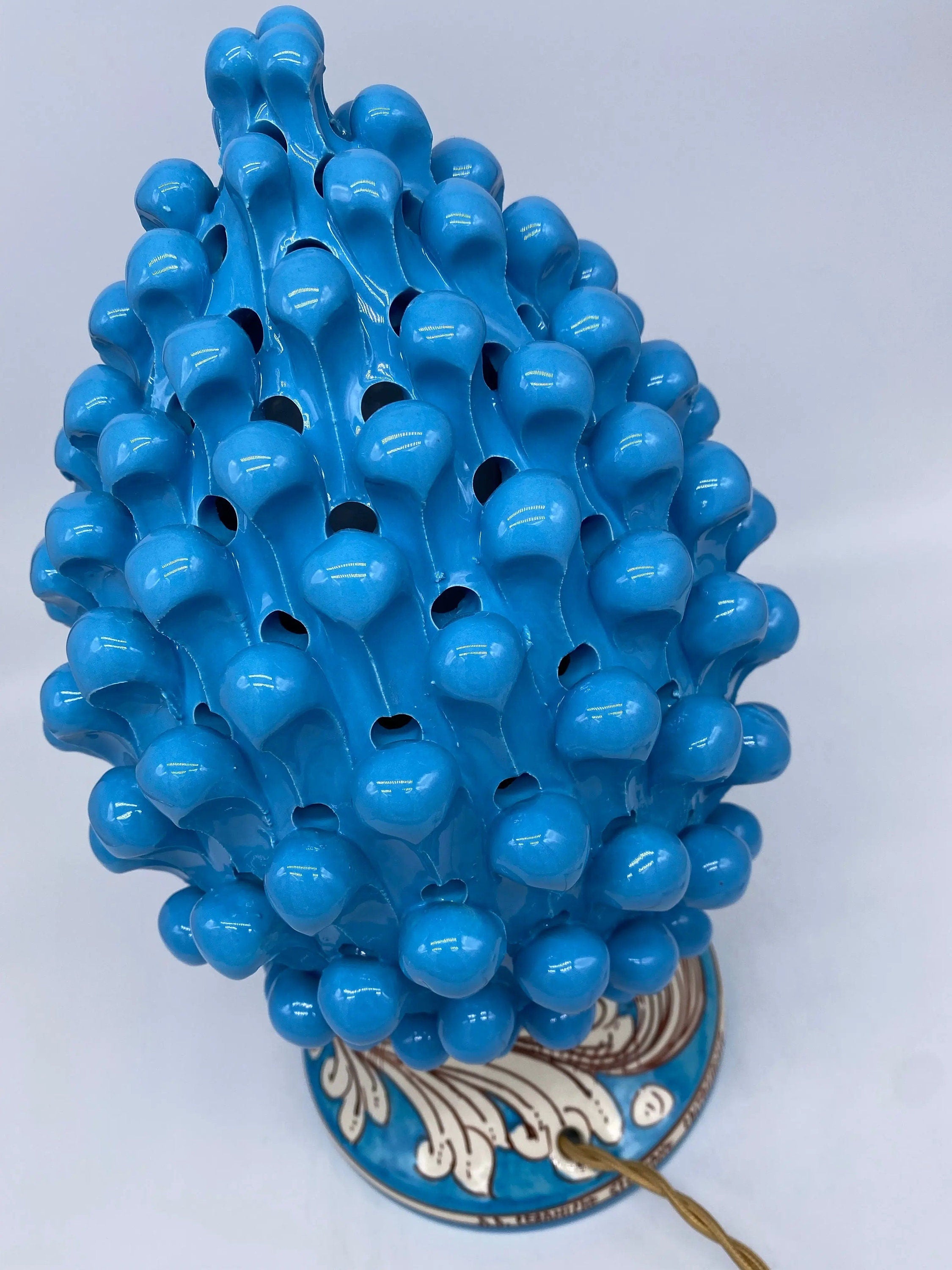 Lampada Pigna traforata Ceramica Caltagirone cm H.30 L.20 Artigianale Celeste Base Decorata DD CERAMICHE SICILIANE