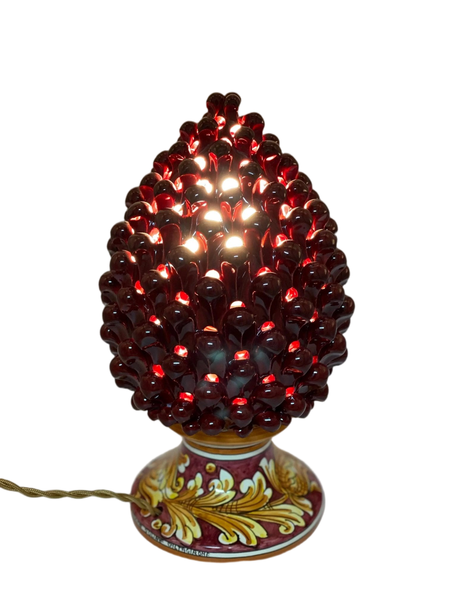 Lampada Pigna traforata Ceramica Caltagirone cm H.30 L.20 Artigianale Bordeaux Base Decorata - DD CERAMICHE SICILIANE