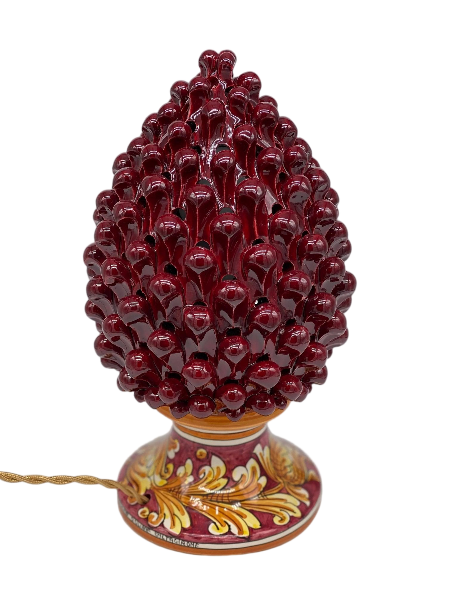 Lampada Pigna traforata Ceramica Caltagirone cm H.30 L.20 Artigianale Bordeaux Base Decorata - DD CERAMICHE SICILIANE