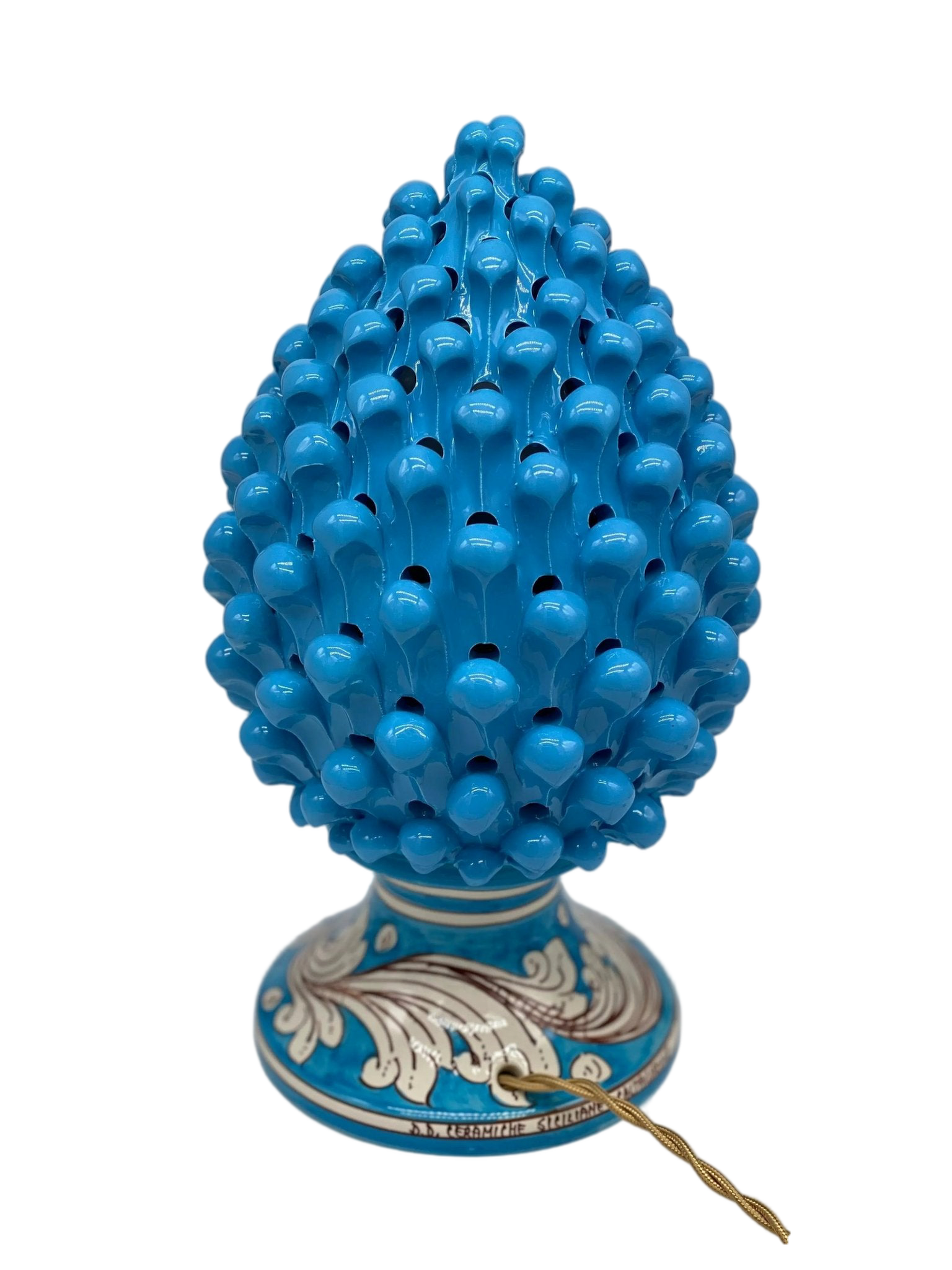 Lampada Pigna traforata Ceramica Caltagirone cm H.30 L.20 Artigianale Celeste Base Decorata - DD CERAMICHE SICILIANE