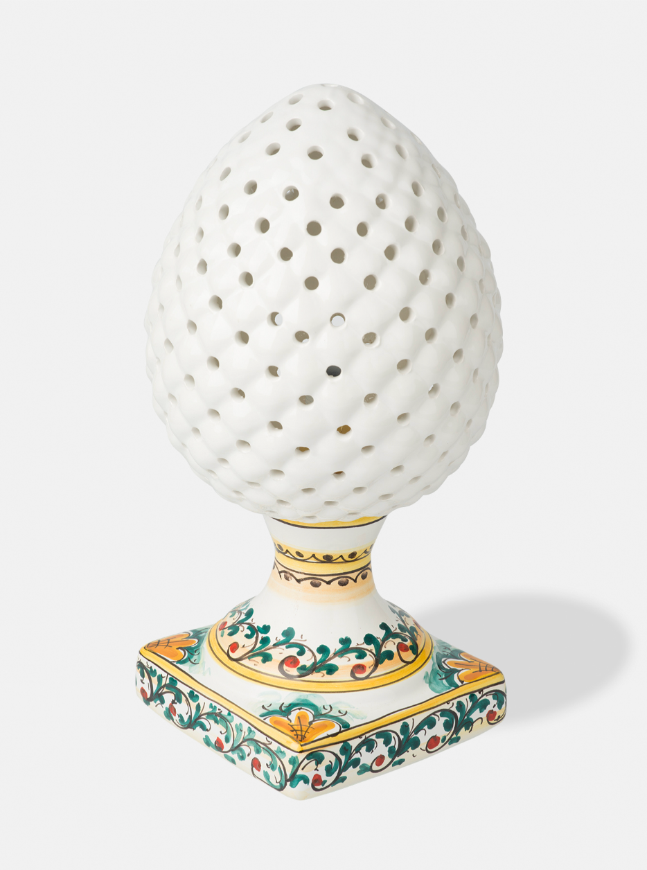 Lampada Pigna Traforata TDS cm H.35 Ceramica Caltagirone Artigianale Bianco Piede Decorato V.3 - LAMPADE