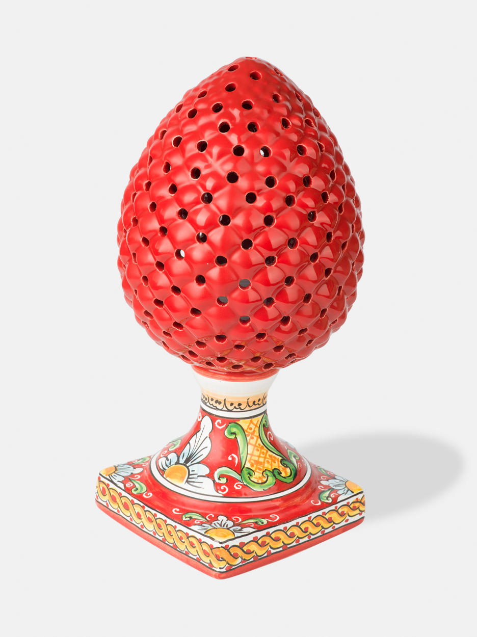 Lampada Pigna Traforata TDS cm H.35 Ceramica Caltagirone Artigianale Rosso Piede Decorato V.2 - LAMPADE
