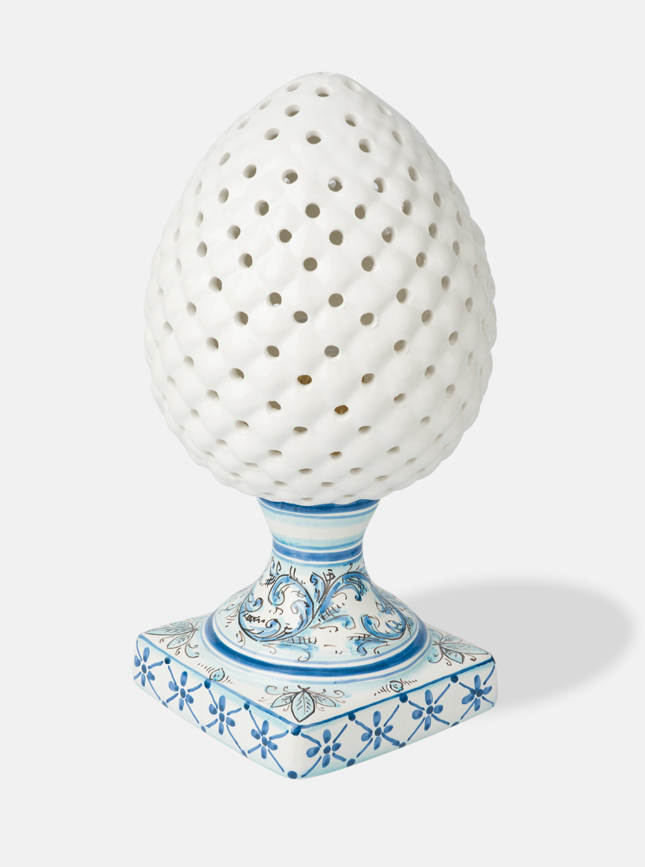 Lampada Pigna Traforata TDS cm H.35 Ceramica Caltagirone Artigianale Bianco Piede Decorato V.4 - LAMPADE