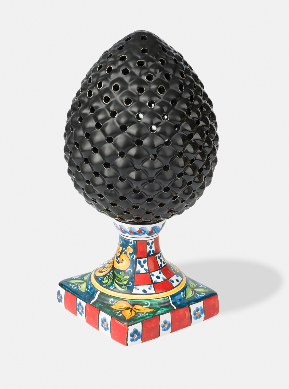 Lampada Pigna Traforata TDS cm H.35 Ceramica Caltagirone Artigianale Nero Piede Decorato V.3 - LAMPADE