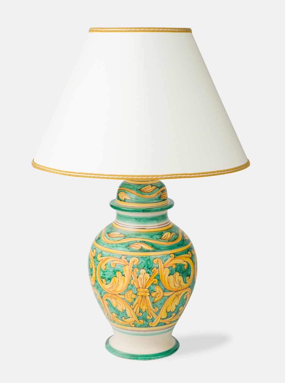Lume Potiche TDS Ceramica Caltagirone cm H.38 L.28 Artigianale Decoro Floreale Giallo e Verde - LAMPADE