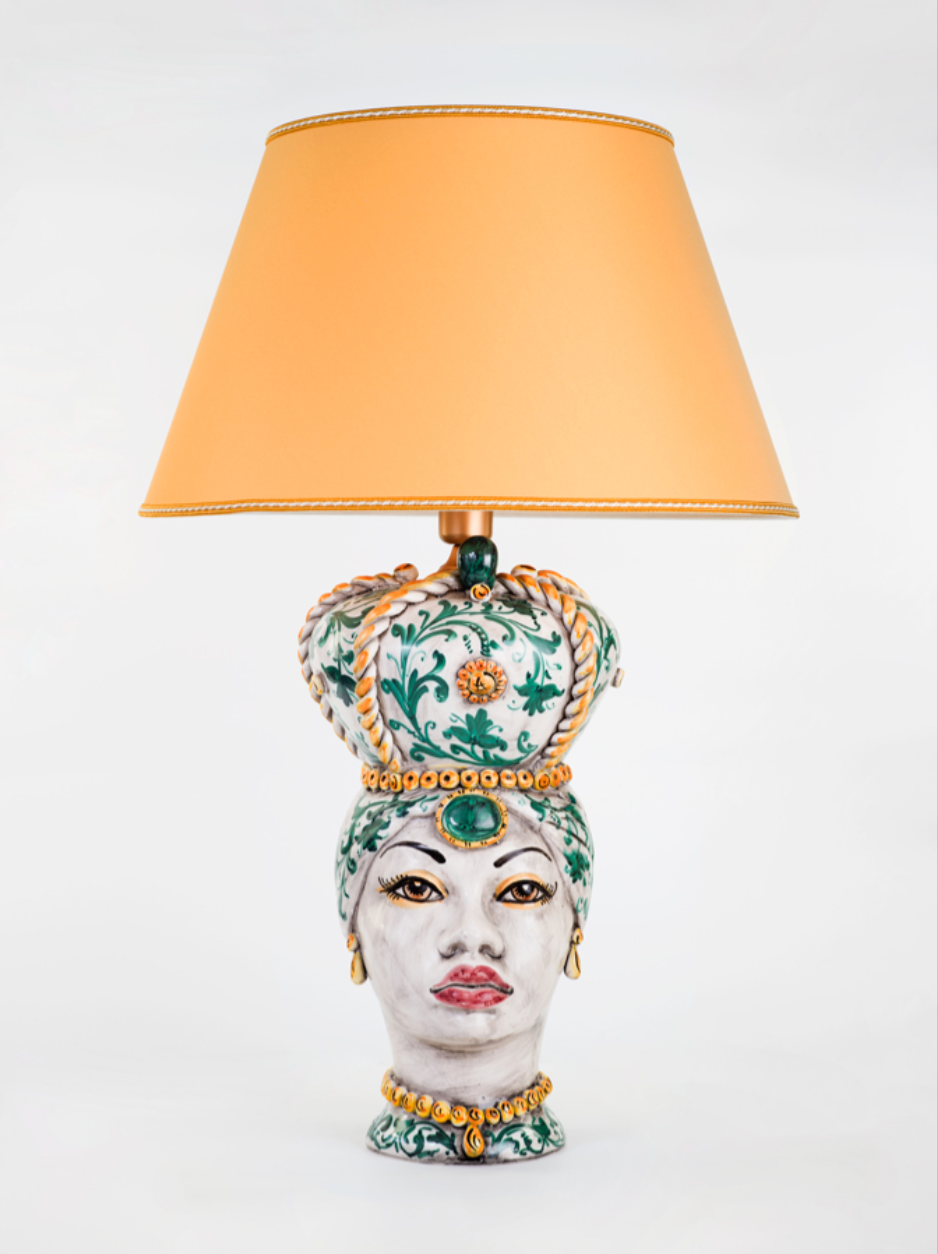 Lume Testa di Moro Donna TDS Ceramica Caltagirone cm H.50 Artigianale Decoro Seicento Verde - LAMPADE