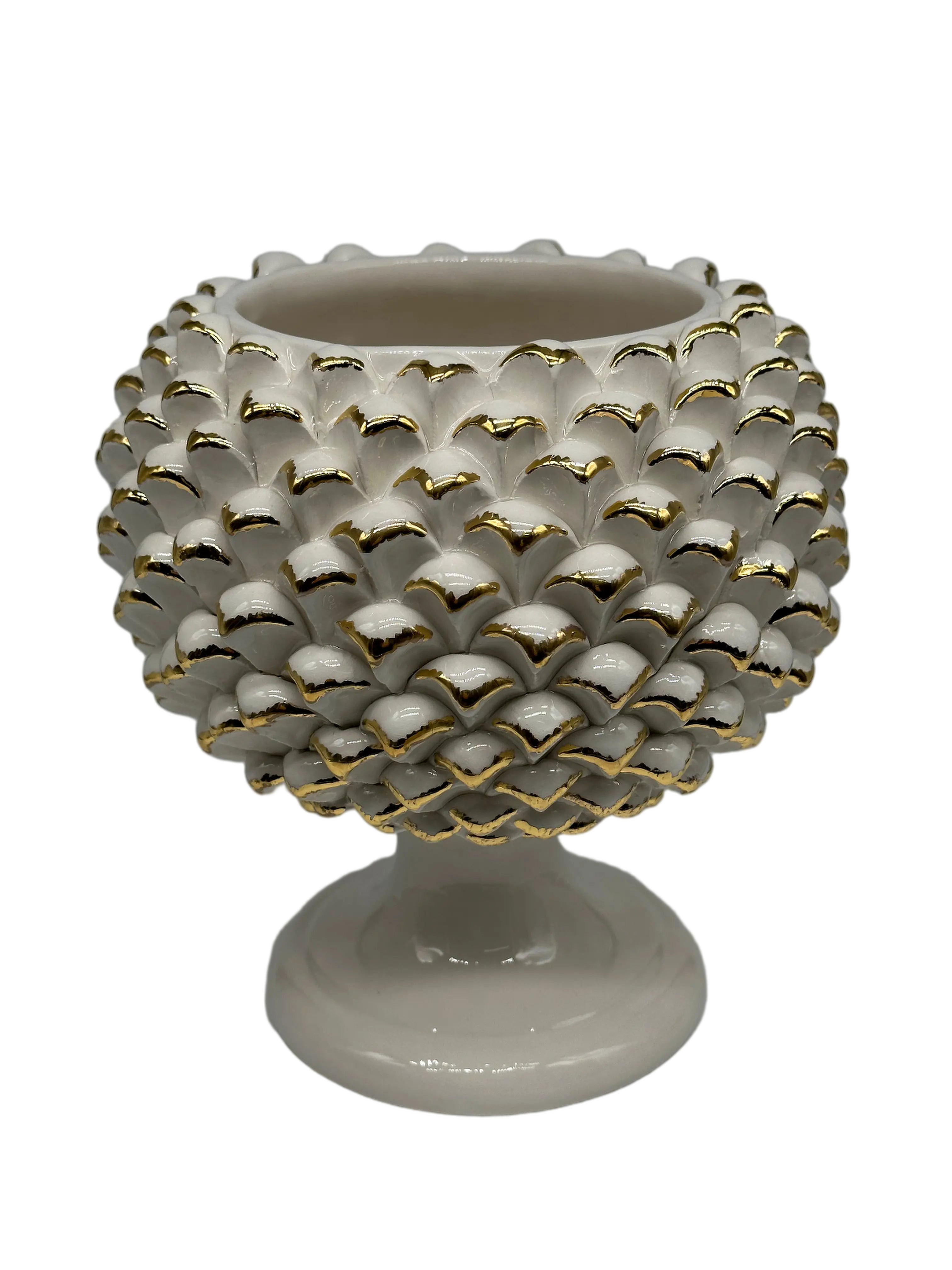 Portavaso Mezza Pigna Ceramica Caltagirone cm H.20 Artigianale Bianco Punte Oro DD CERAMICHE SICILIANE