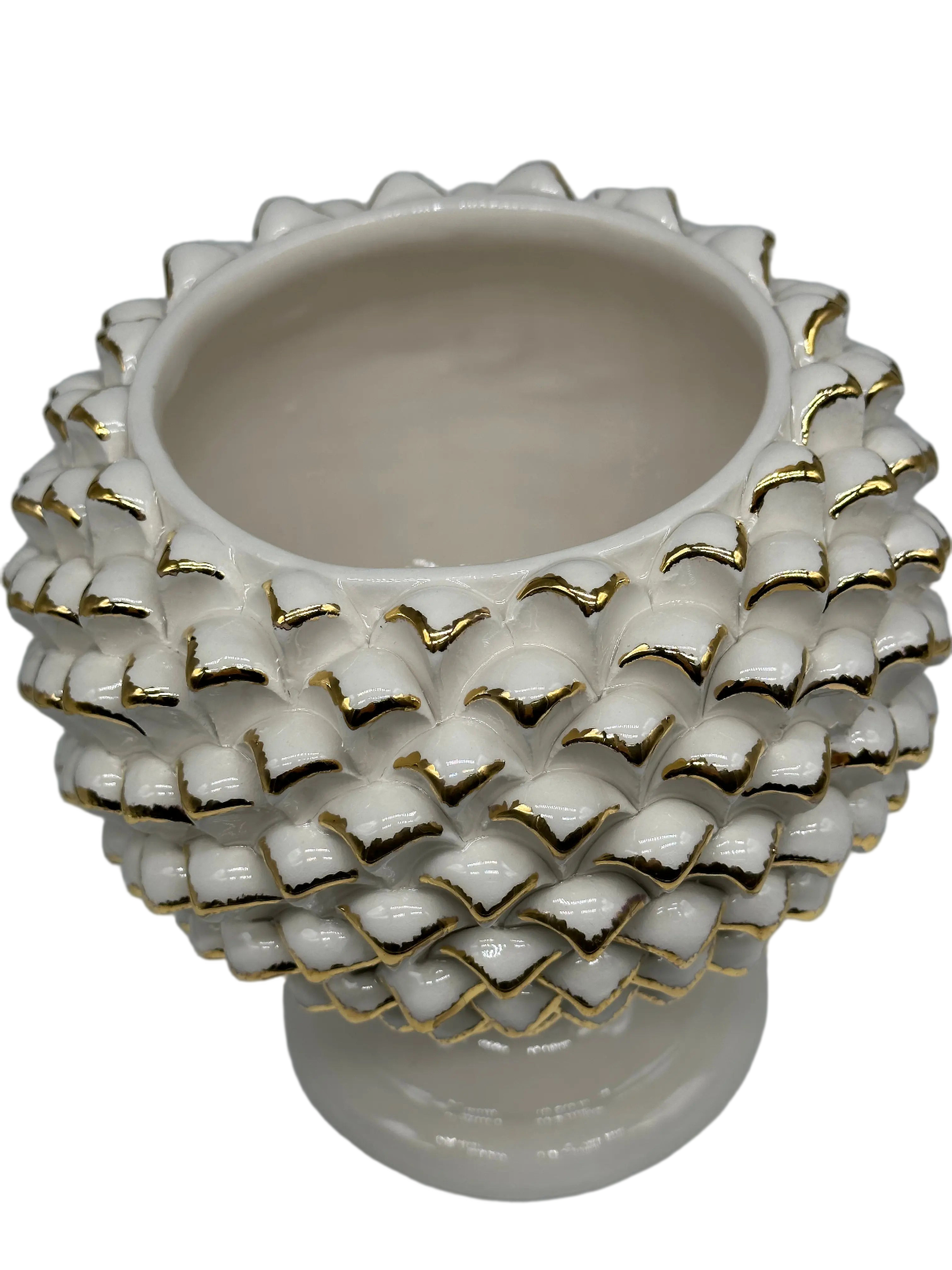 Portavaso Mezza Pigna Ceramica Caltagirone cm H.20 Artigianale Bianco Punte Oro DD CERAMICHE SICILIANE