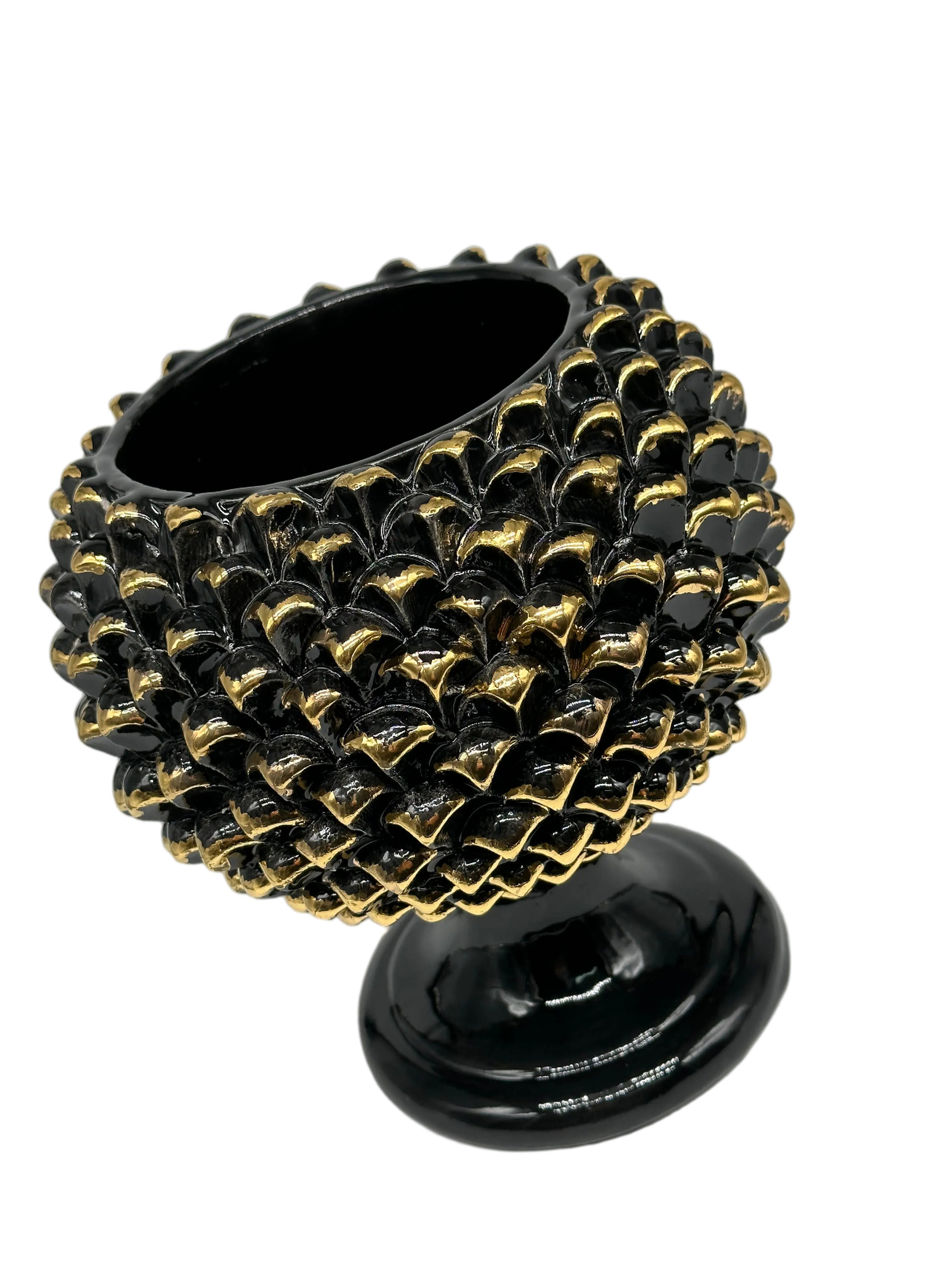Portavaso Mezza Pigna Ceramica Caltagirone cm H.20 Artigianale Nero Punte Oro DD CERAMICHE SICILIANE