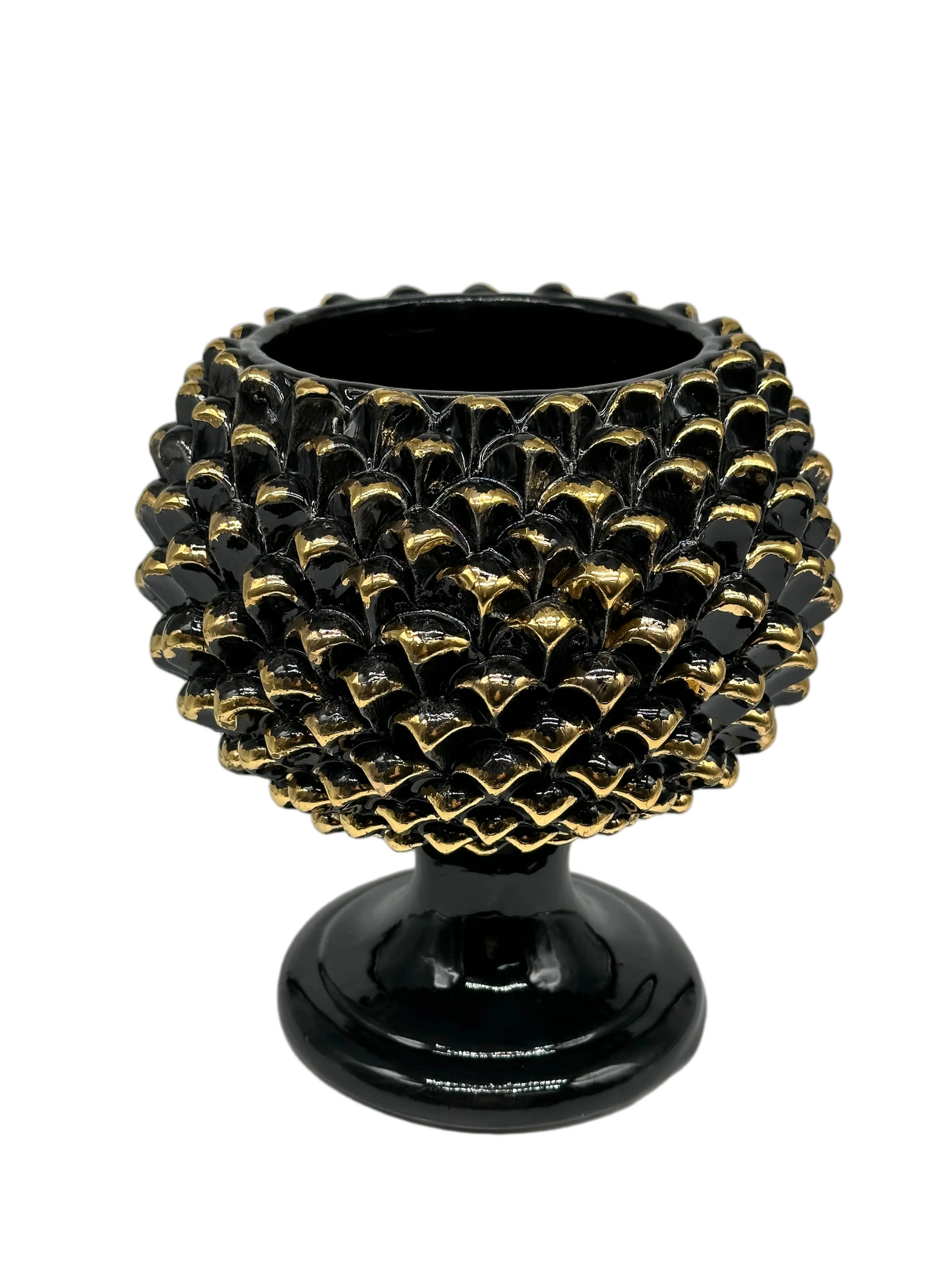Portavaso Mezza Pigna Ceramica Caltagirone cm H.20 Artigianale Nero Punte Oro DD CERAMICHE SICILIANE