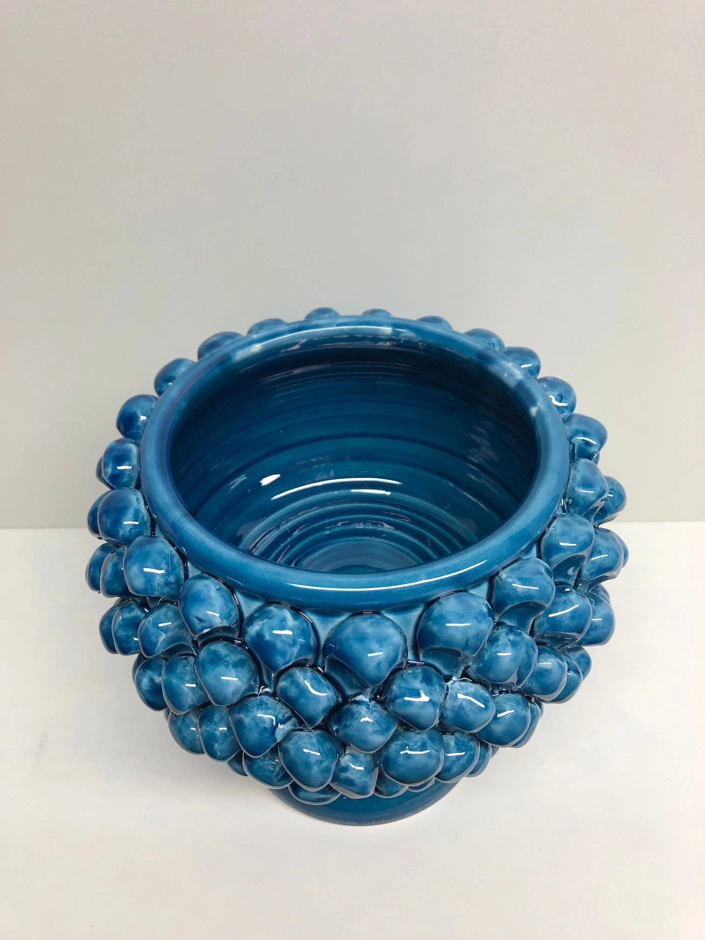 Portavaso Mezza Pigna Ceramica Caltagirone cm H.20 L.20 Artigianale Blu Cristallo DD CERAMICHE SICILIANE