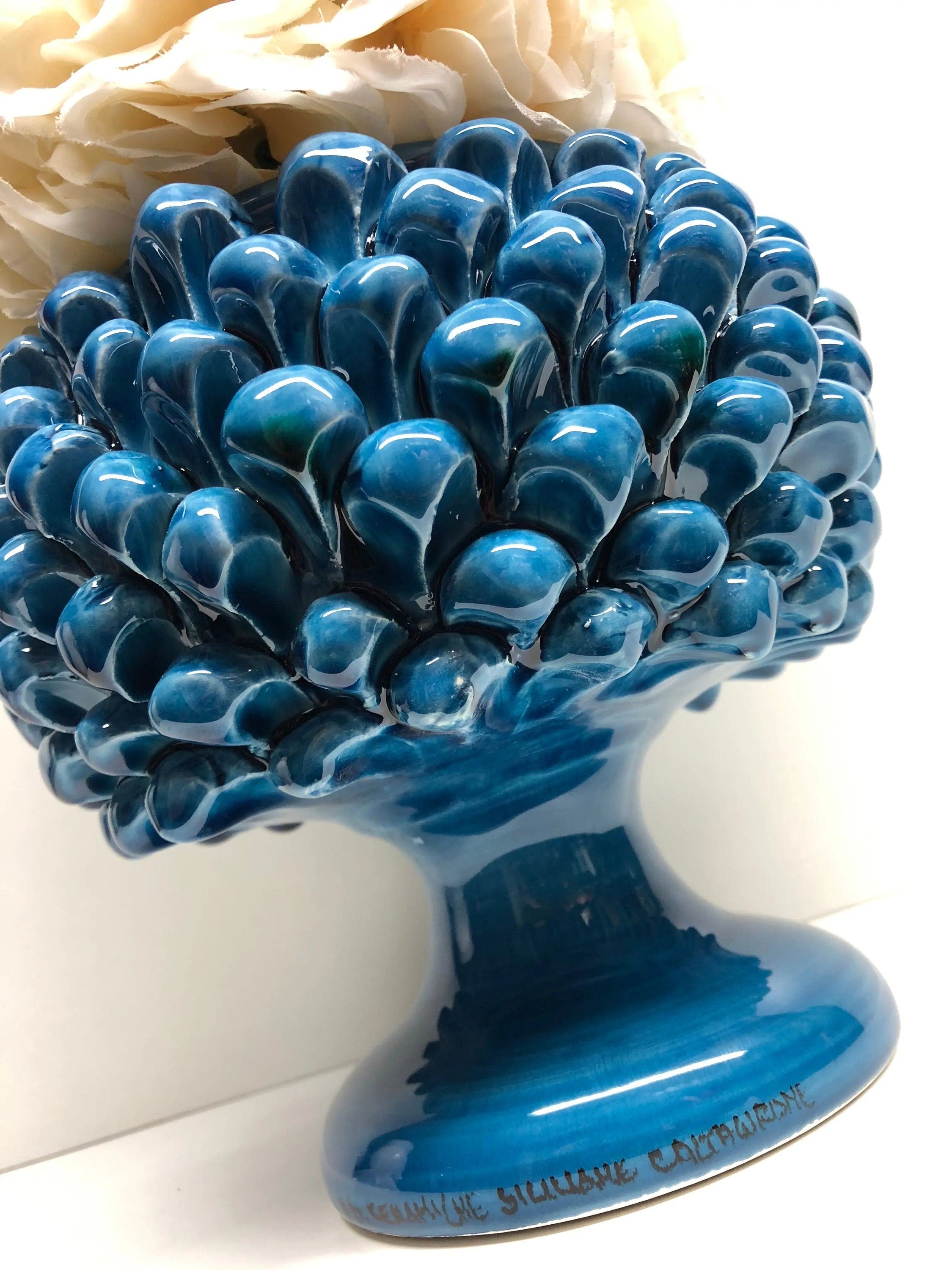 Portavaso Mezza Pigna Ceramica Caltagirone cm H.20 L.20 Artigianale Blu Cristallo DD CERAMICHE SICILIANE