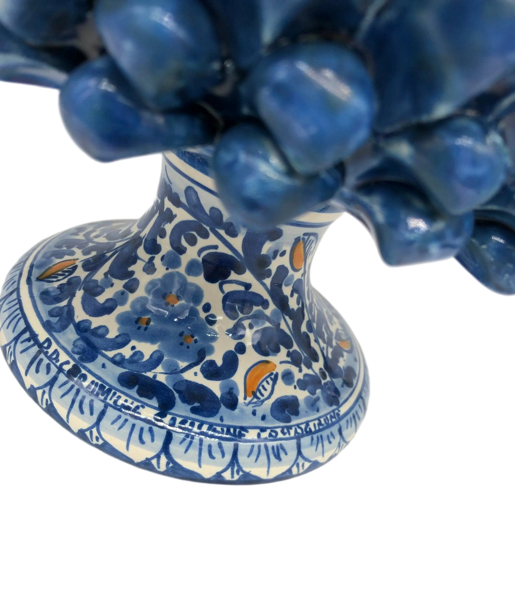 Portavaso Mezza Pigna Ceramica Caltagirone cm H.20 L.20 Artigianale Blu Antico Base Decorata DD CERAMICHE SICILIANE