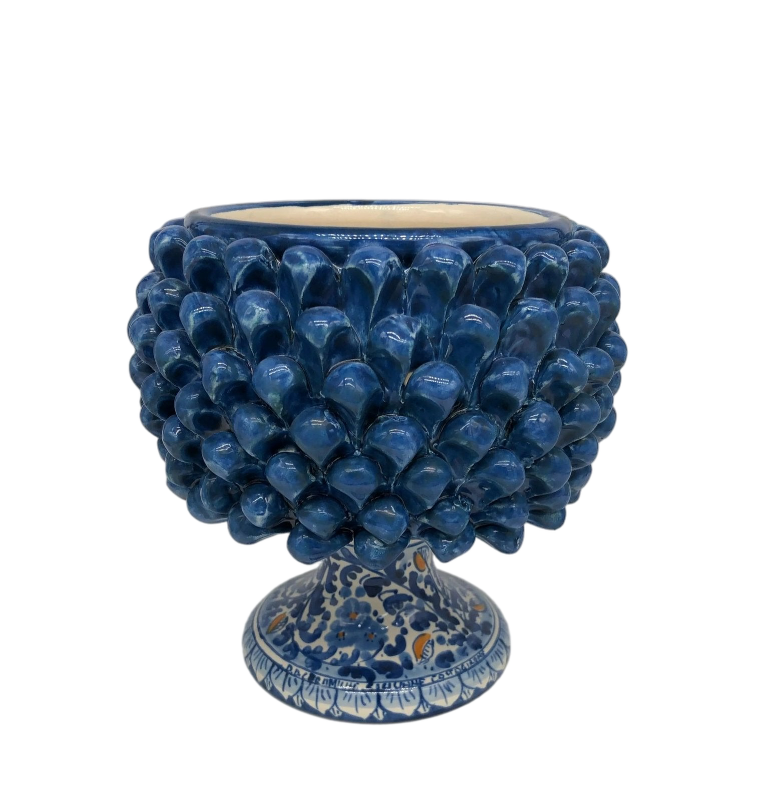 Portavaso Mezza Pigna Ceramica Caltagirone cm H.20 L.20 Artigianale Blu Antico Base Decorata - MEZZA PIGNA