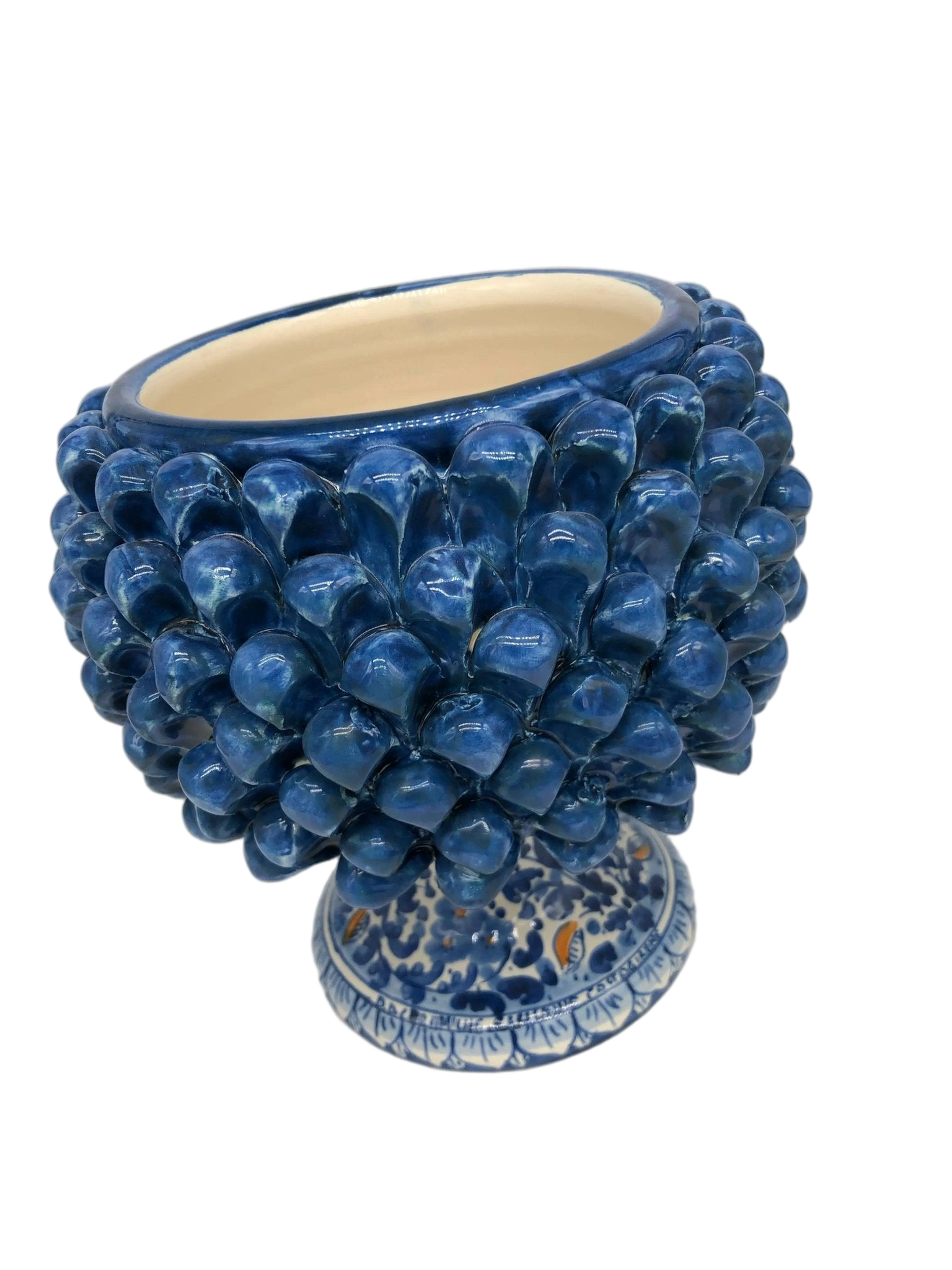 Portavaso Mezza Pigna Ceramica Caltagirone cm H.20 L.20 Artigianale Blu Antico Base Decorata DD CERAMICHE SICILIANE