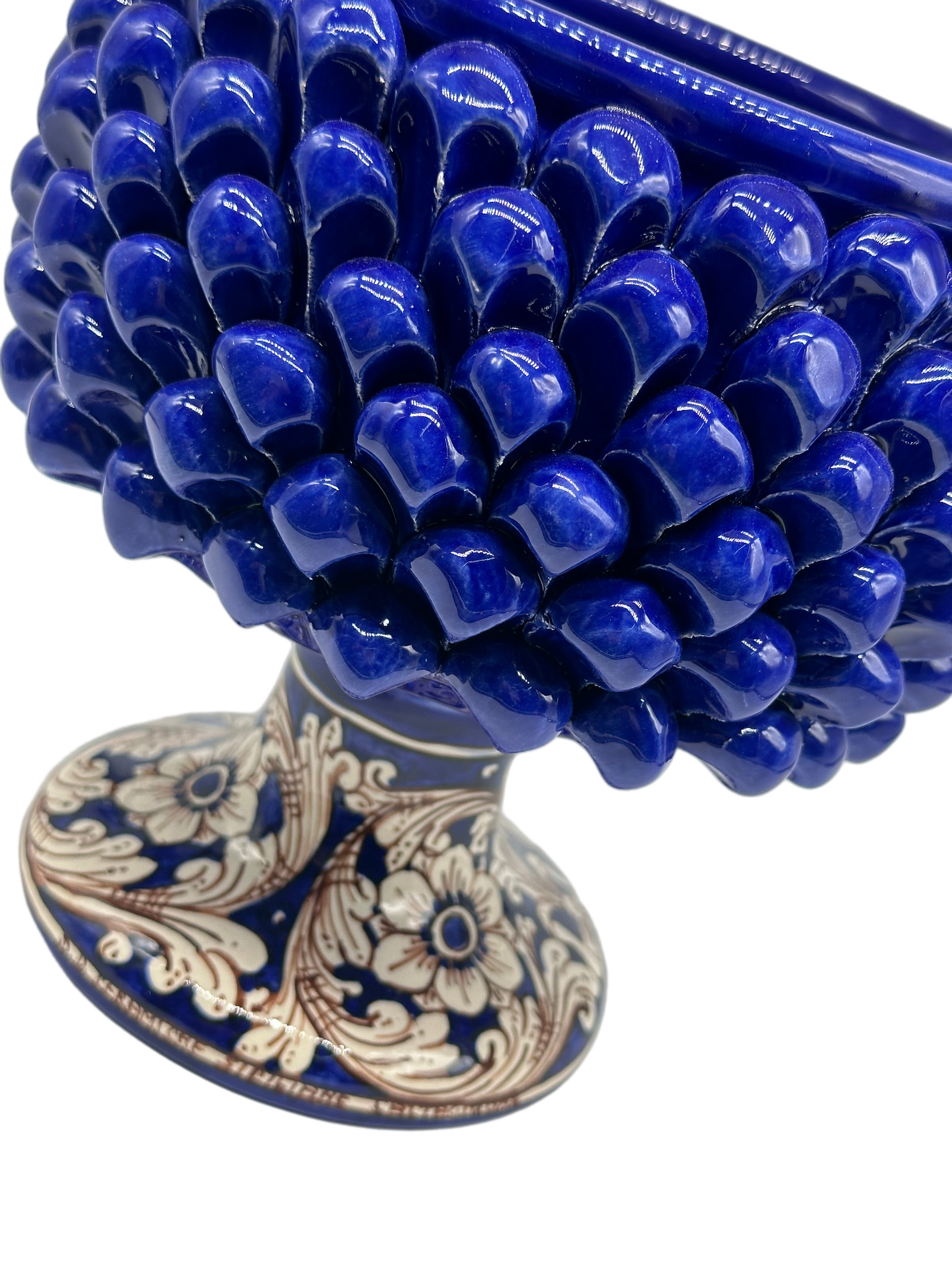 Portavaso Mezza Pigna Ceramica Caltagirone cm H.20 L.20 Artigianale Blu Base Decorata - MEZZA PIGNA