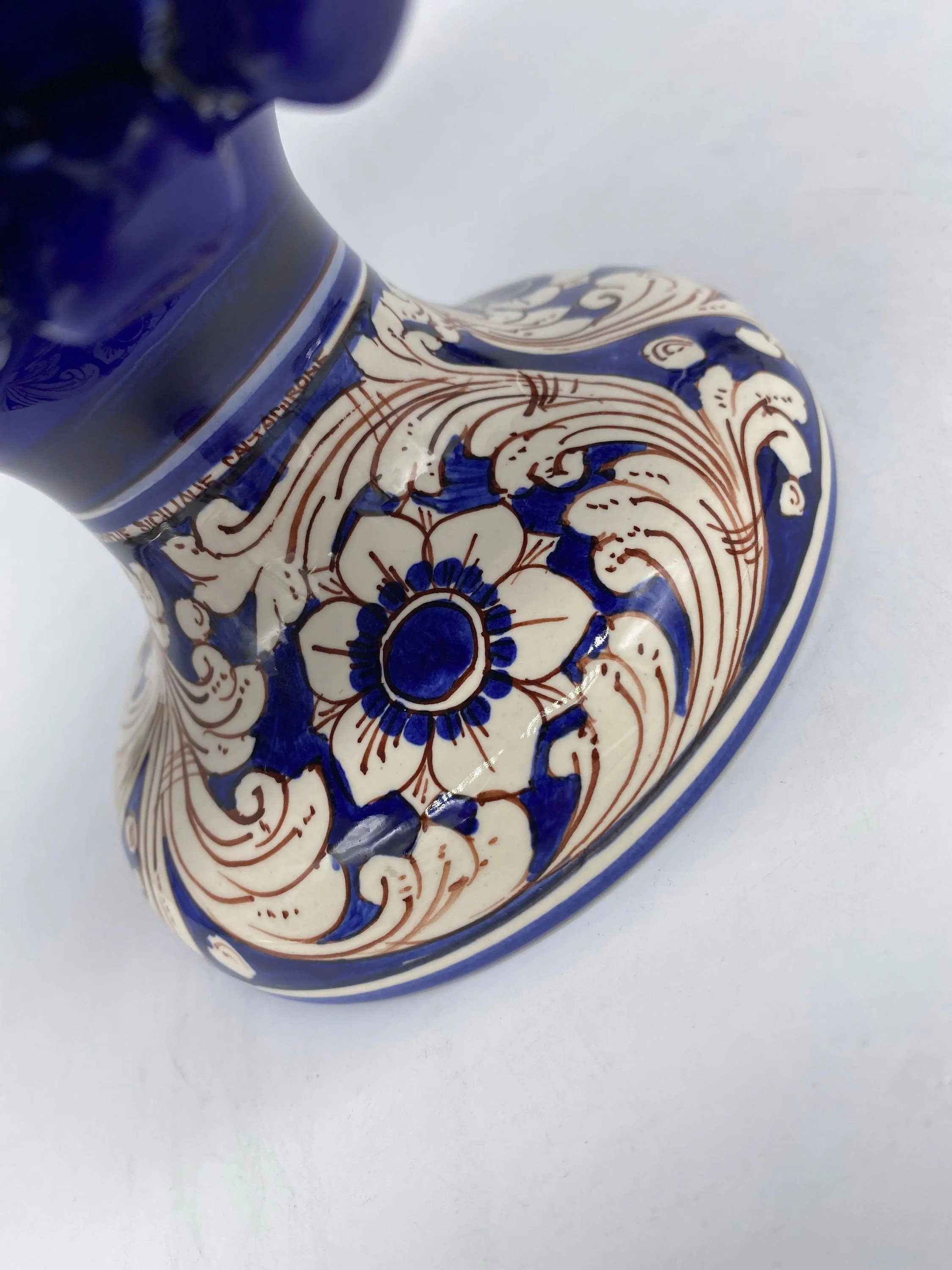 Portavaso Mezza Pigna Ceramica Caltagirone cm H.20 L.20 Artigianale Blu Base Decorata DD CERAMICHE SICILIANE