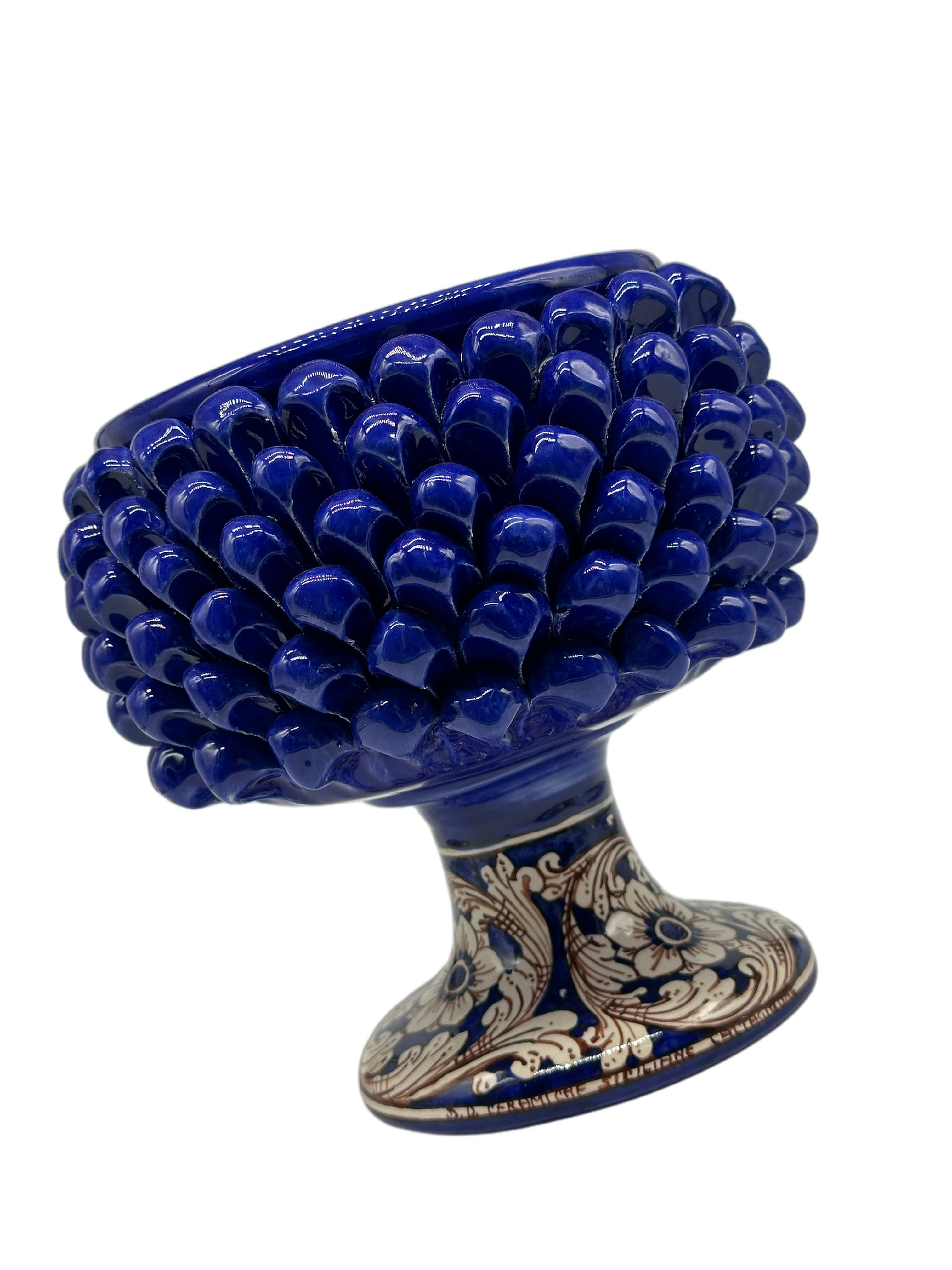 Portavaso Mezza Pigna Ceramica Caltagirone cm H.20 L.20 Artigianale Blu Base Decorata - MEZZA PIGNA