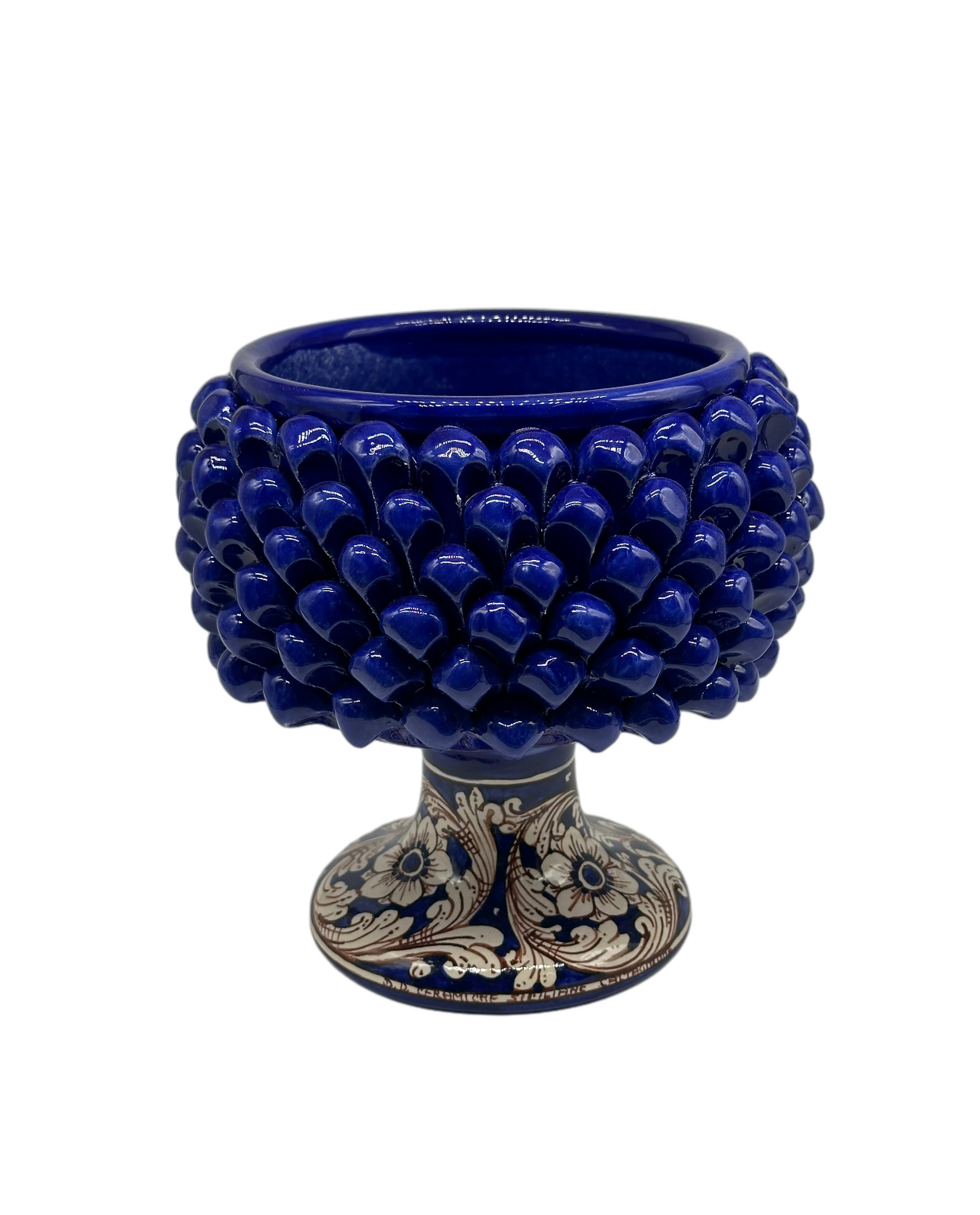 Portavaso Mezza Pigna Ceramica Caltagirone cm H.20 L.20 Artigianale Blu Base Decorata - MEZZA PIGNA