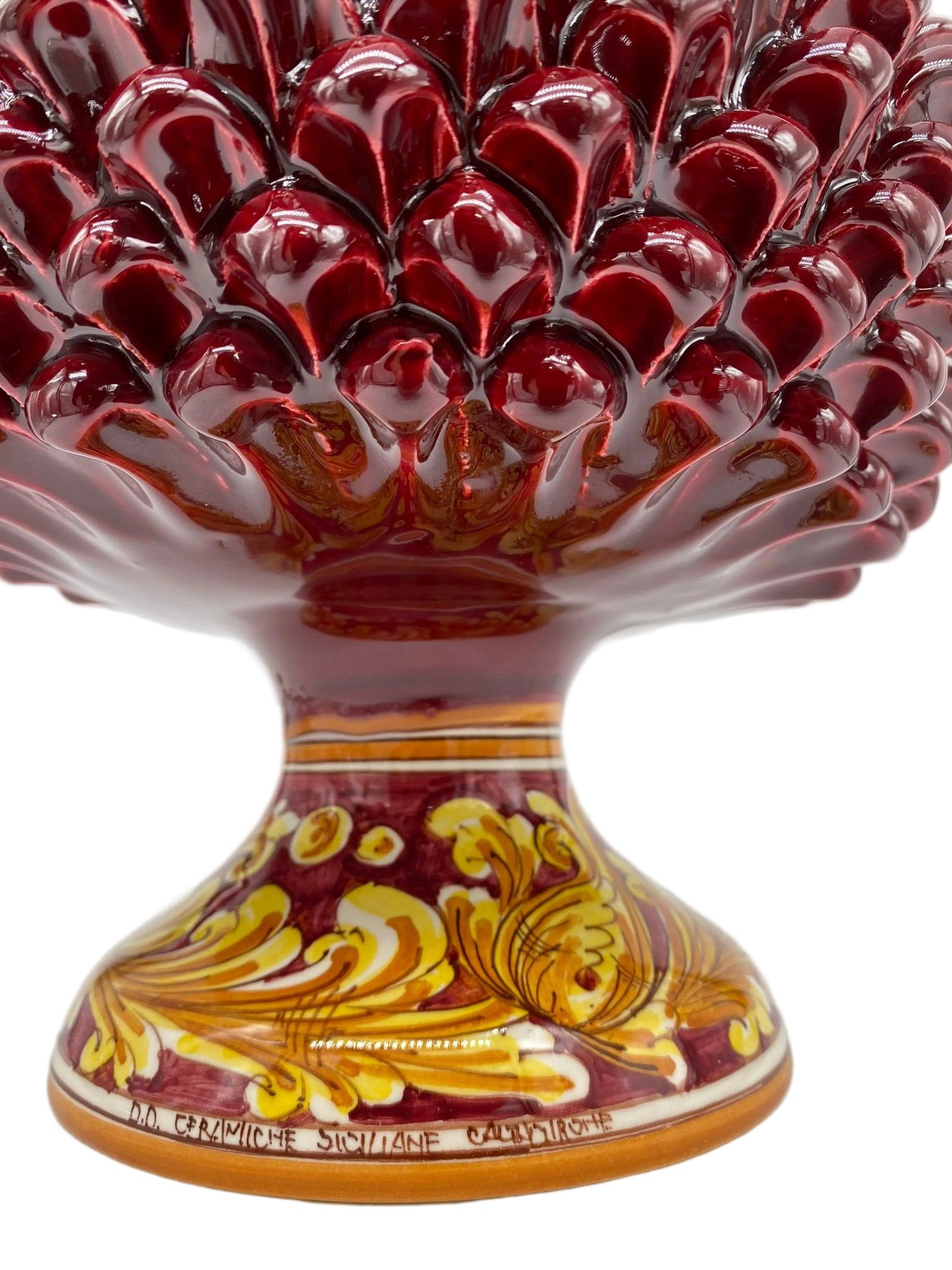 Portavaso Mezza Pigna Ceramica Caltagirone cm H.20 L.20 Artigianale Bordeaux Lucido Base Decorata DD CERAMICHE SICILIANE