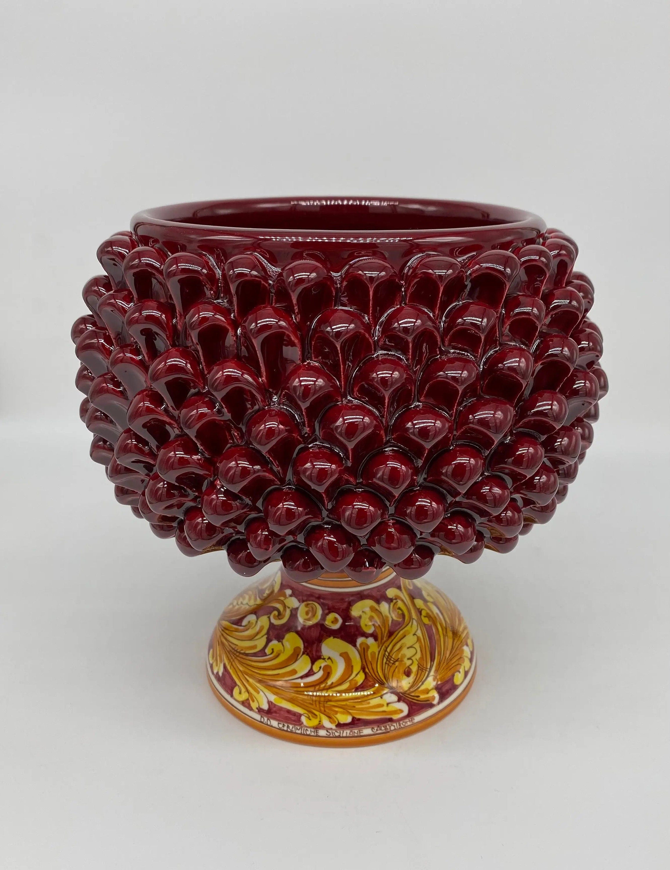 Portavaso Mezza Pigna Ceramica Caltagirone cm H.20 L.20 Artigianale Bordeaux Lucido Base Decorata DD CERAMICHE SICILIANE