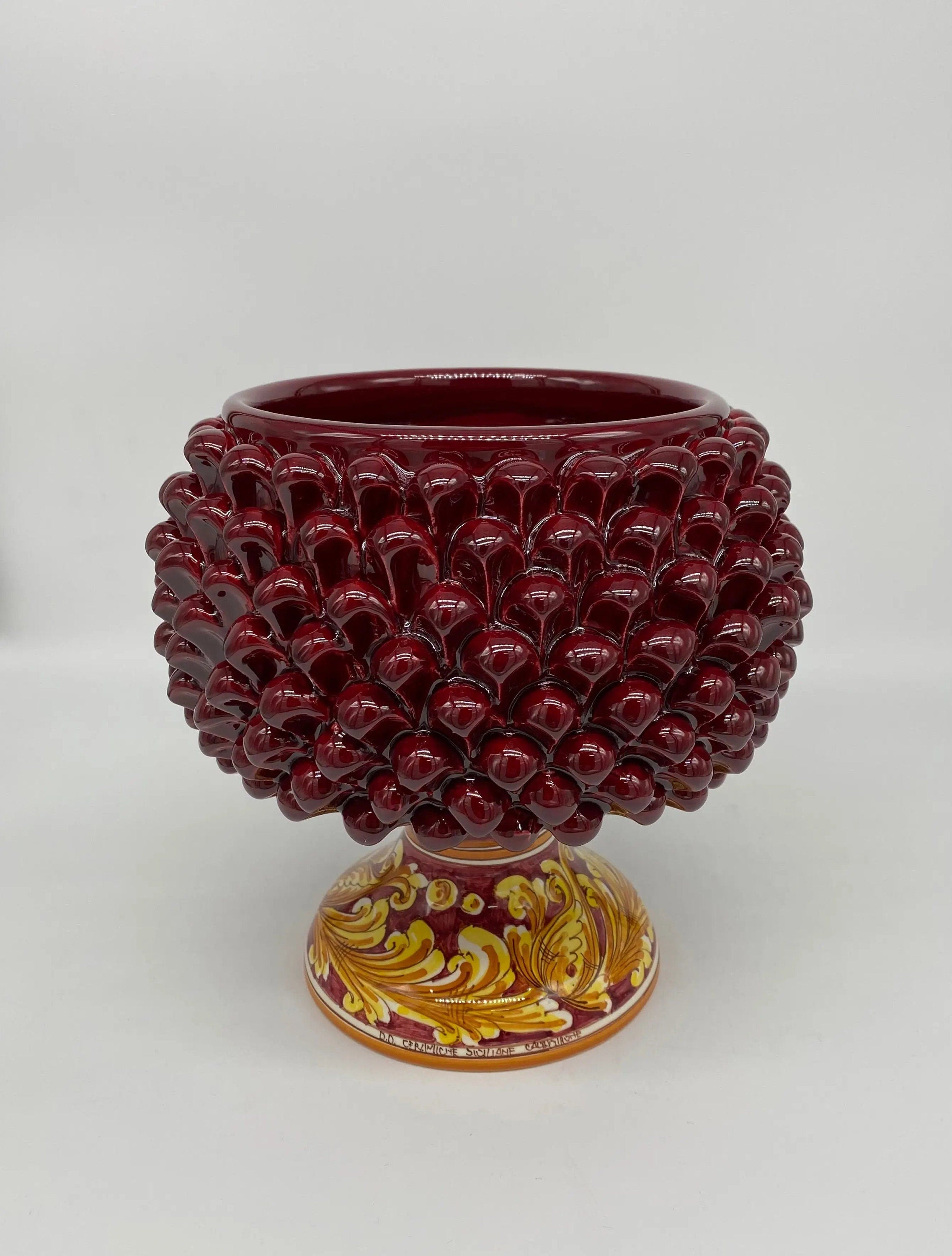 Portavaso Mezza Pigna Ceramica Caltagirone cm H.20 L.20 Artigianale Bordeaux Lucido Base Decorata DD CERAMICHE SICILIANE