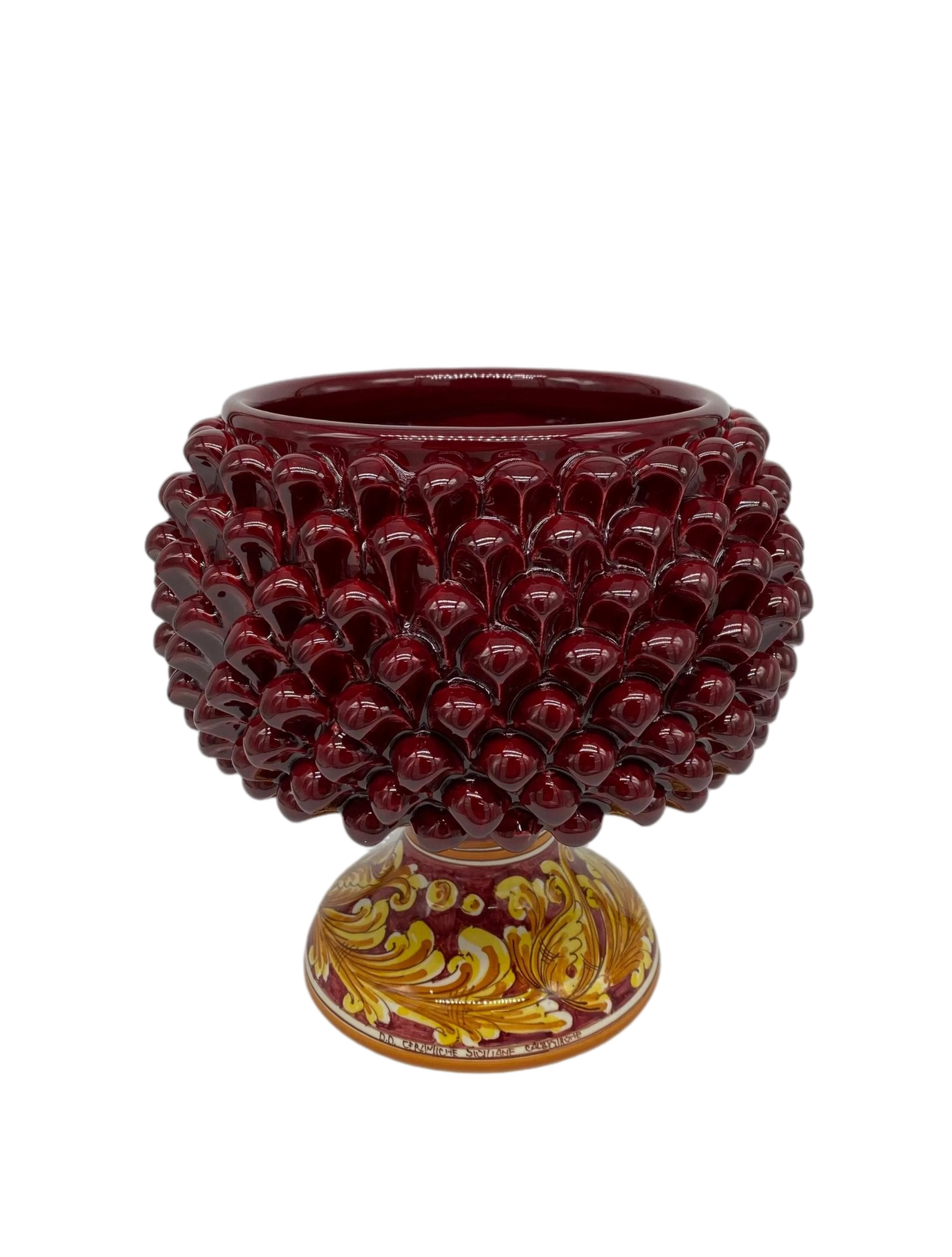 Portavaso Mezza Pigna Ceramica Caltagirone cm H.20 L.20 Artigianale Bordeaux Lucido Base Decorata DD CERAMICHE SICILIANE