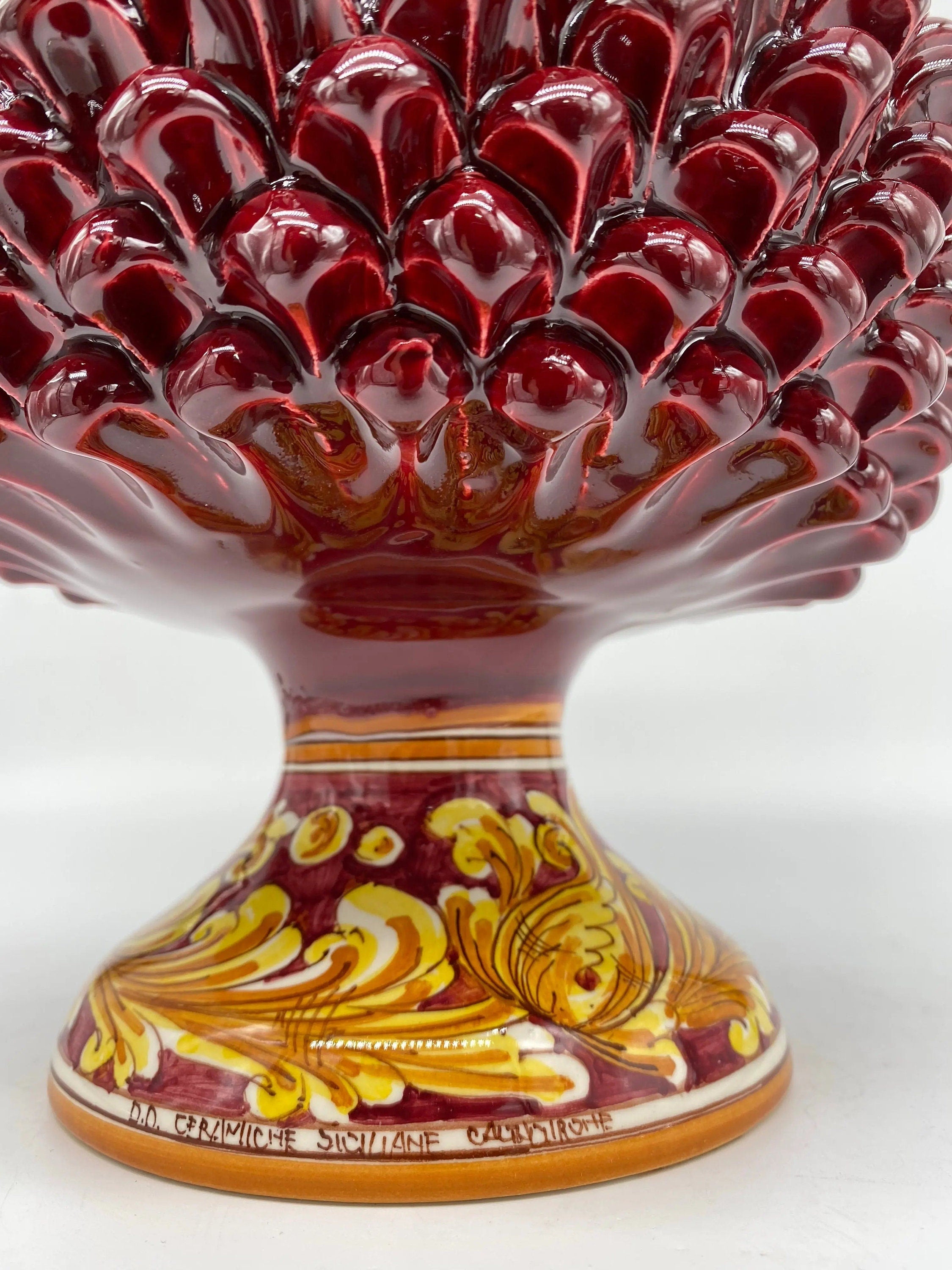 Portavaso Mezza Pigna Ceramica Caltagirone cm H.20 L.20 Artigianale Bordeaux Lucido Base Decorata DD CERAMICHE SICILIANE