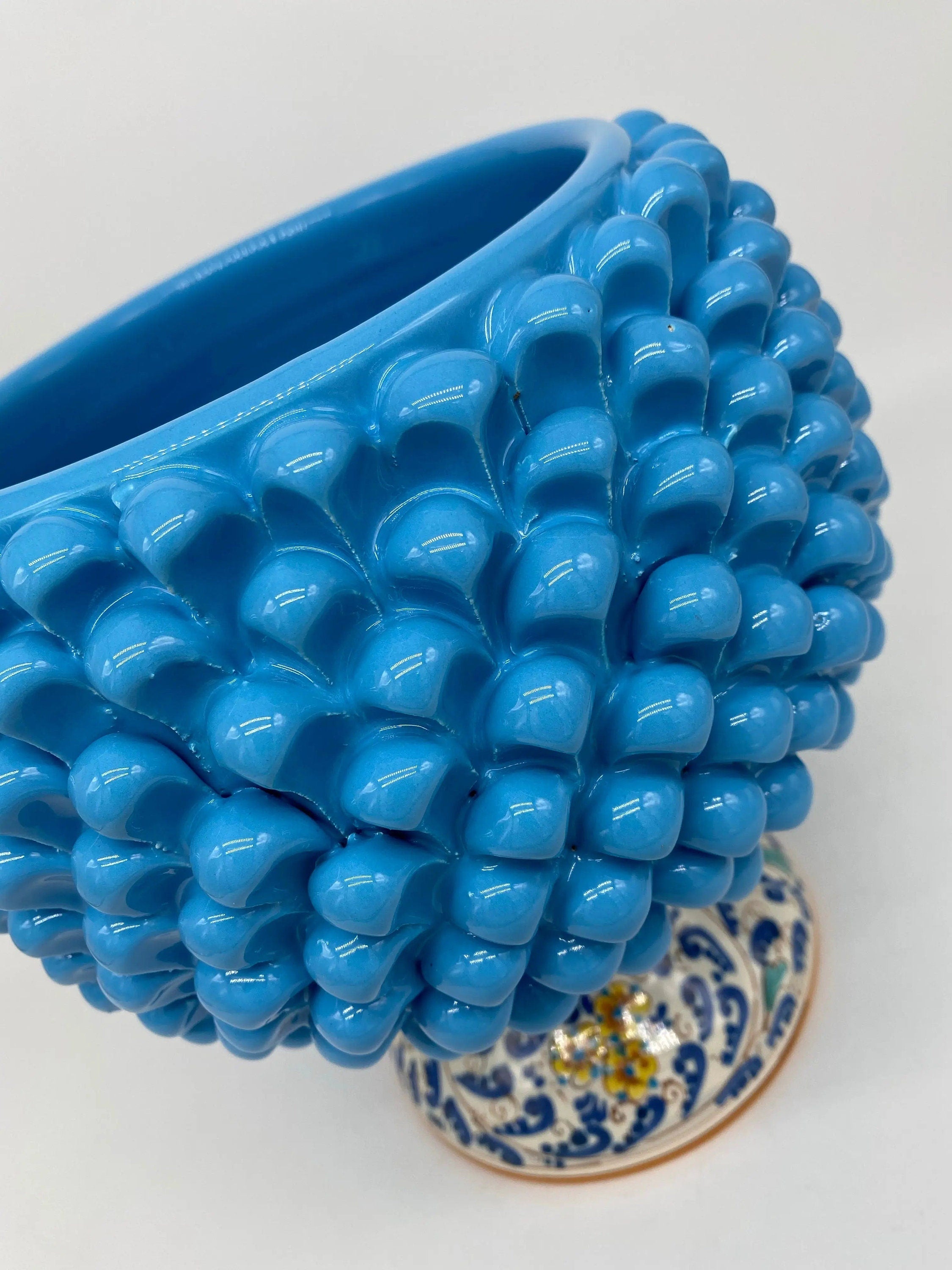 Portavaso Mezza Pigna Ceramica Caltagirone cm H.20 L.20 Artigianale Celeste Base Decorata DD CERAMICHE SICILIANE