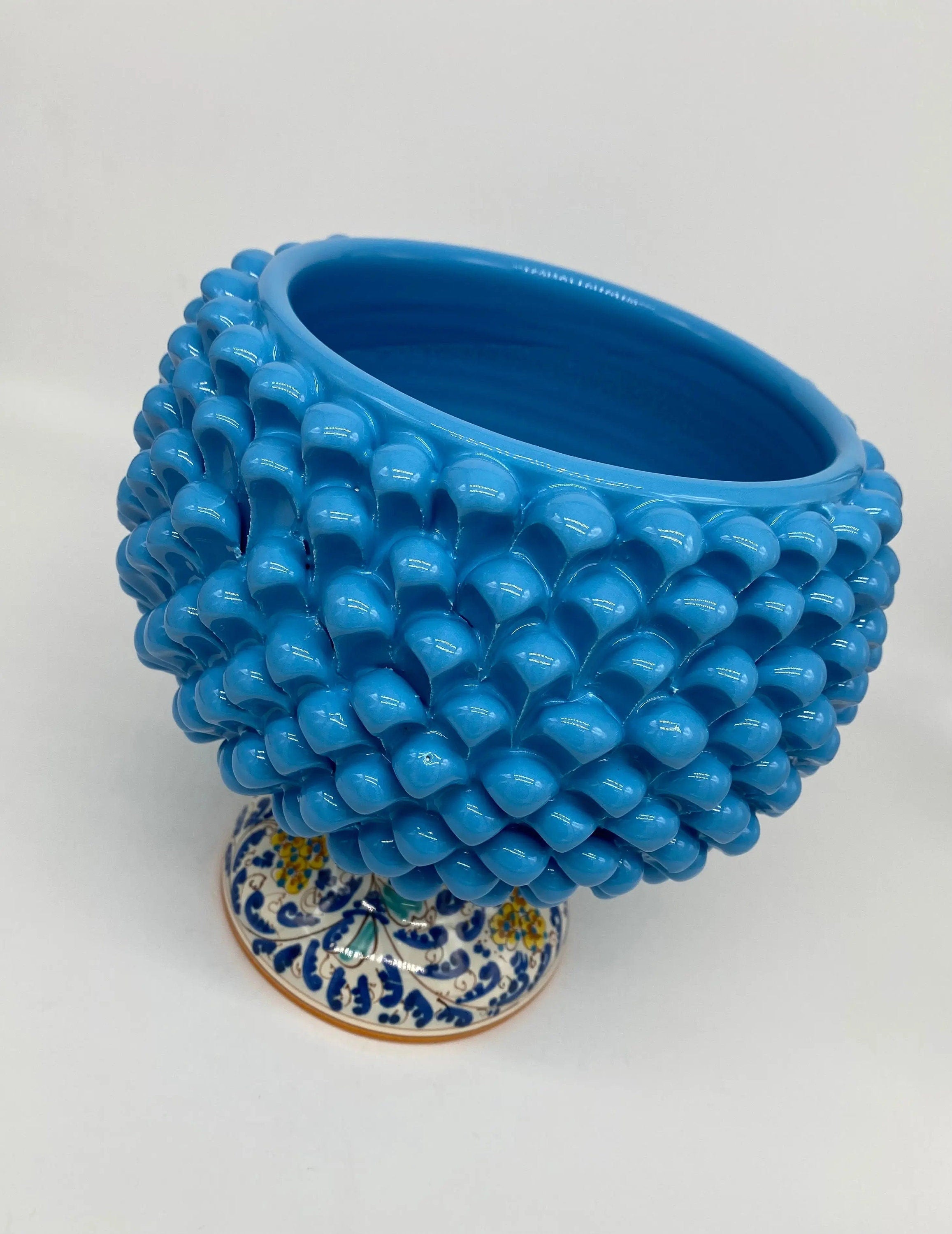 Portavaso Mezza Pigna Ceramica Caltagirone cm H.20 L.20 Artigianale Celeste Base Decorata DD CERAMICHE SICILIANE