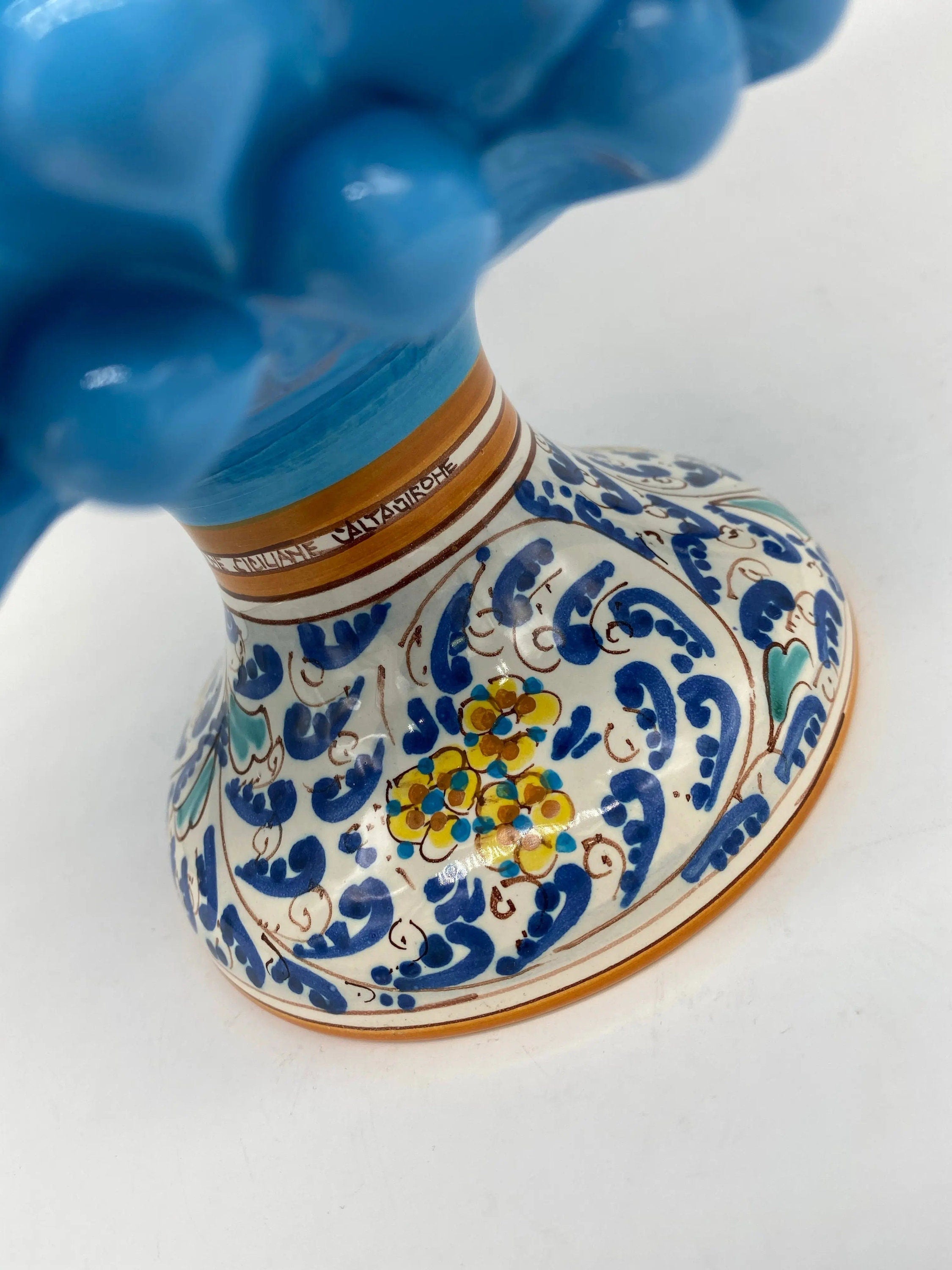 Portavaso Mezza Pigna Ceramica Caltagirone cm H.20 L.20 Artigianale Celeste Base Decorata DD CERAMICHE SICILIANE