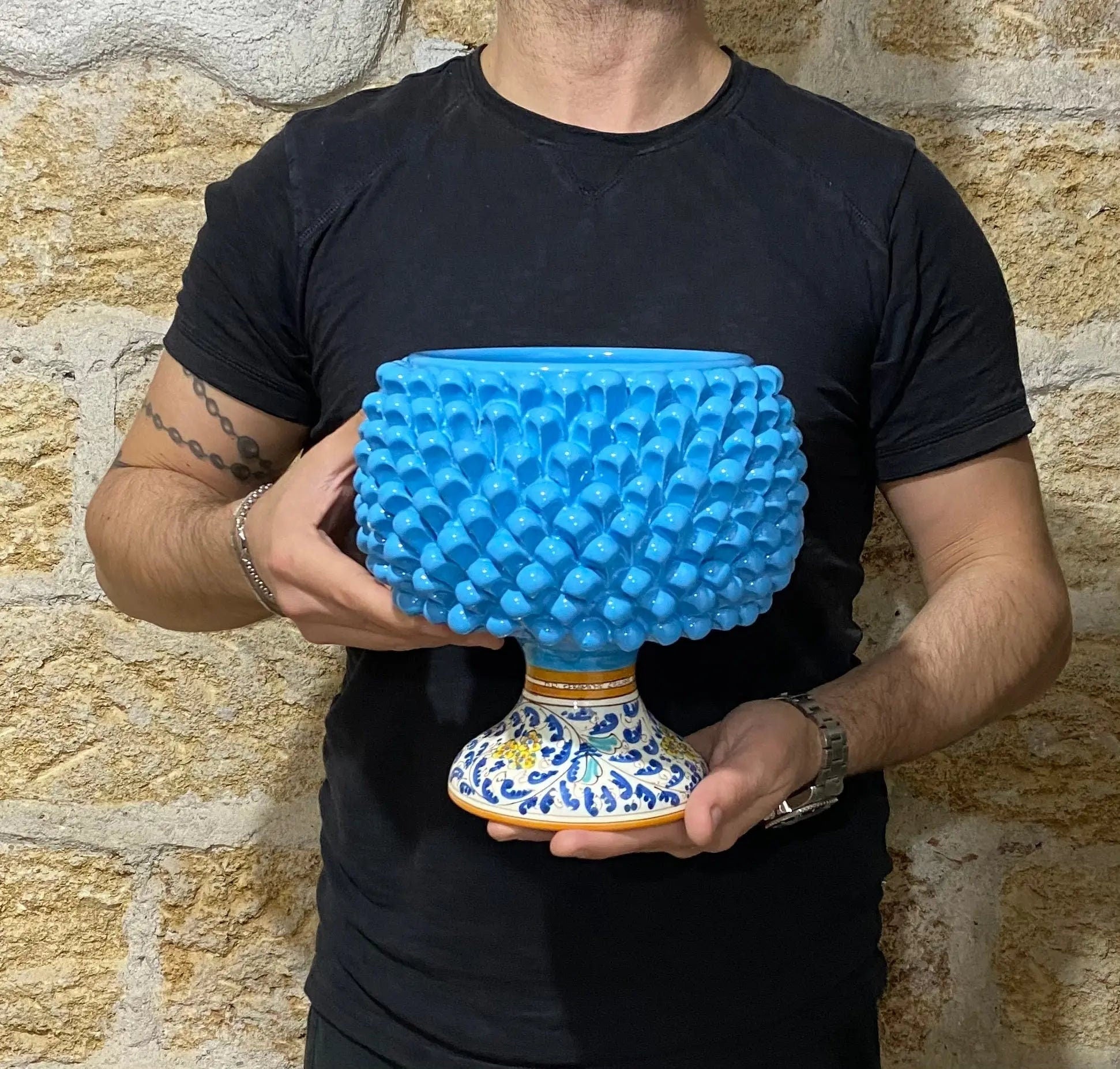 Portavaso Mezza Pigna Ceramica Caltagirone cm H.20 L.20 Artigianale Celeste Base Decorata DD CERAMICHE SICILIANE