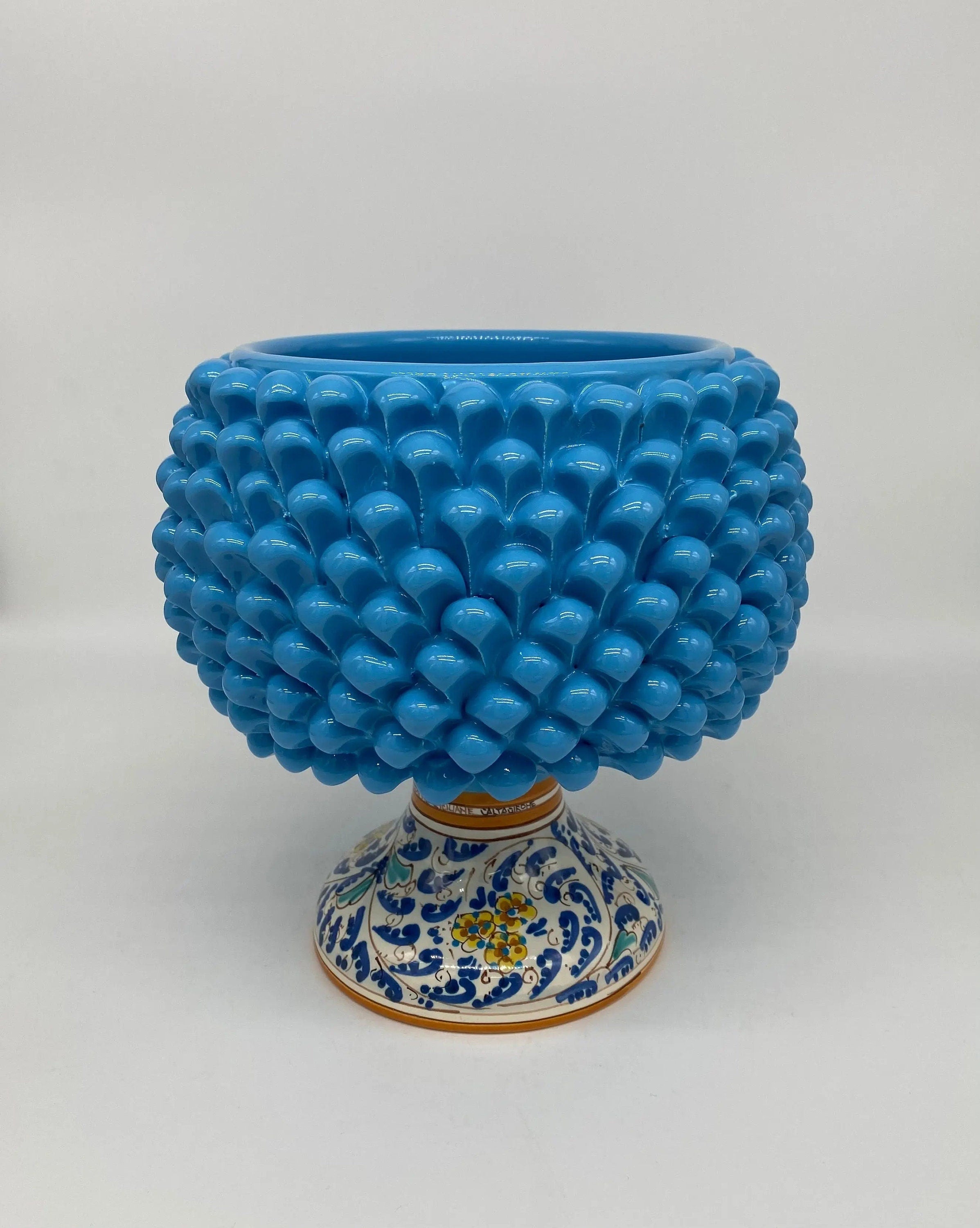 Portavaso Mezza Pigna Ceramica Caltagirone cm H.20 L.20 Artigianale Celeste Base Decorata DD CERAMICHE SICILIANE