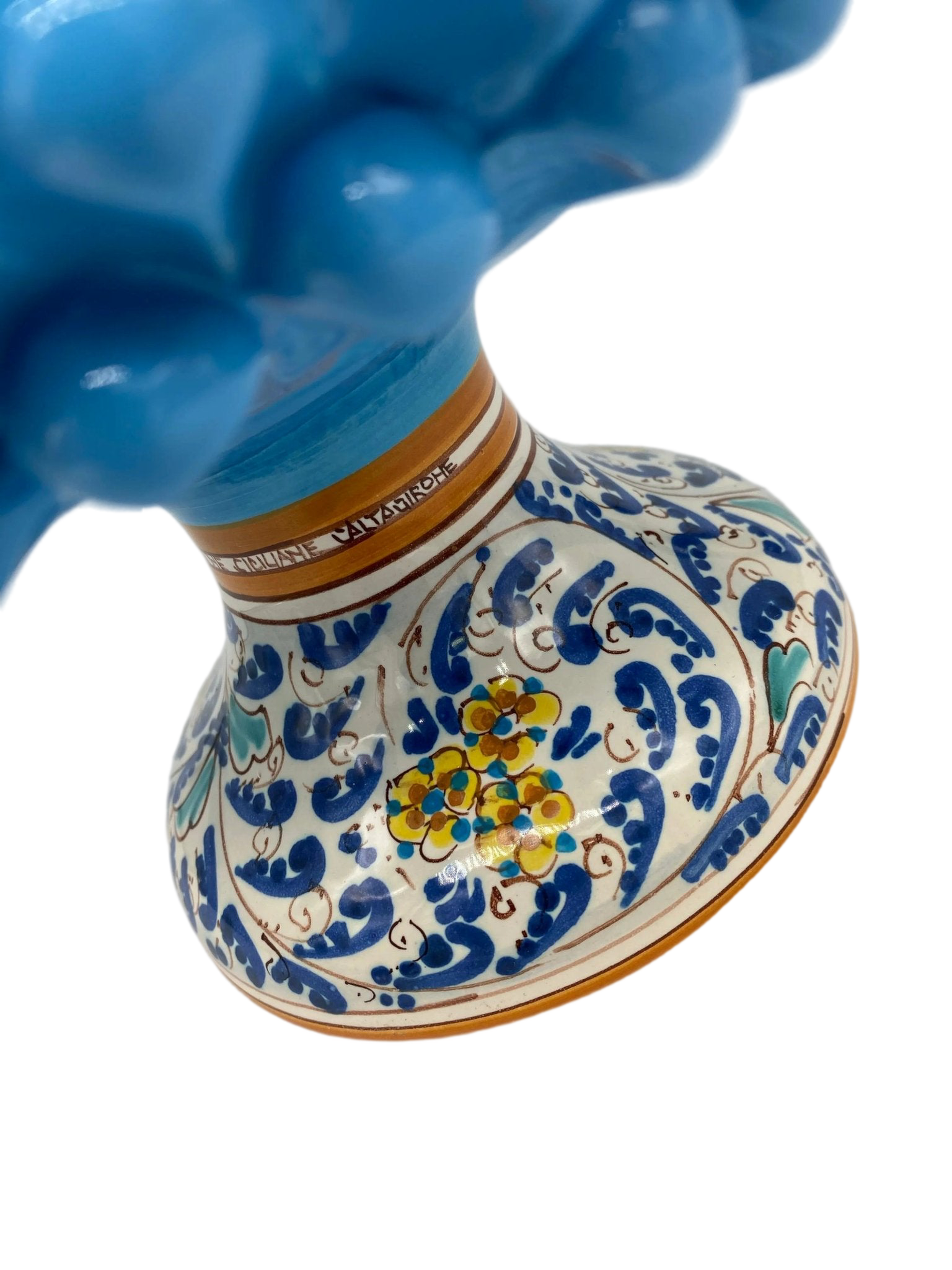 Portavaso Mezza Pigna Ceramica Caltagirone cm H.20 L.20 Artigianale Celeste Base Decorata DD CERAMICHE SICILIANE