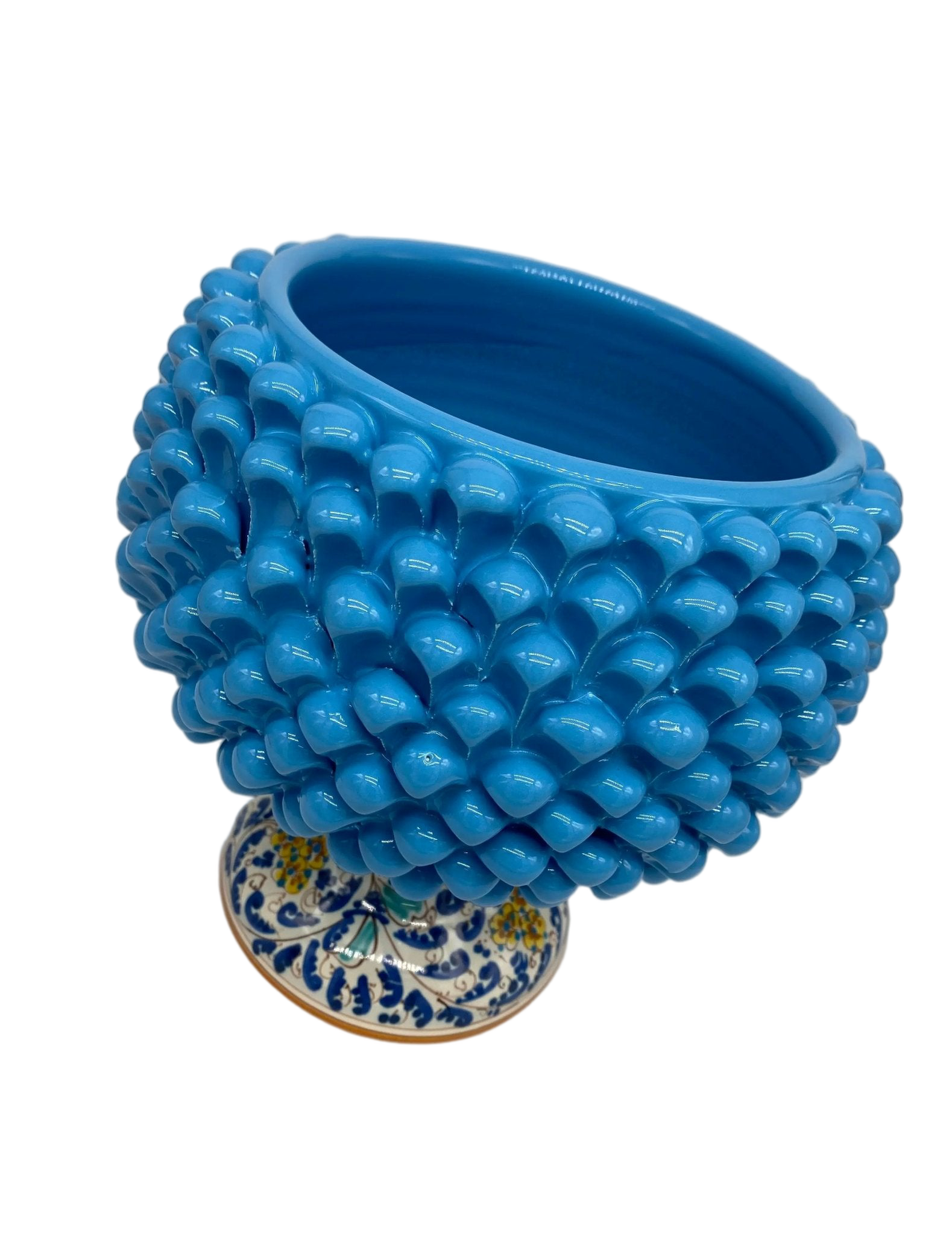 Portavaso Mezza Pigna Ceramica Caltagirone cm H.20 L.20 Artigianale Celeste Base Decorata DD CERAMICHE SICILIANE