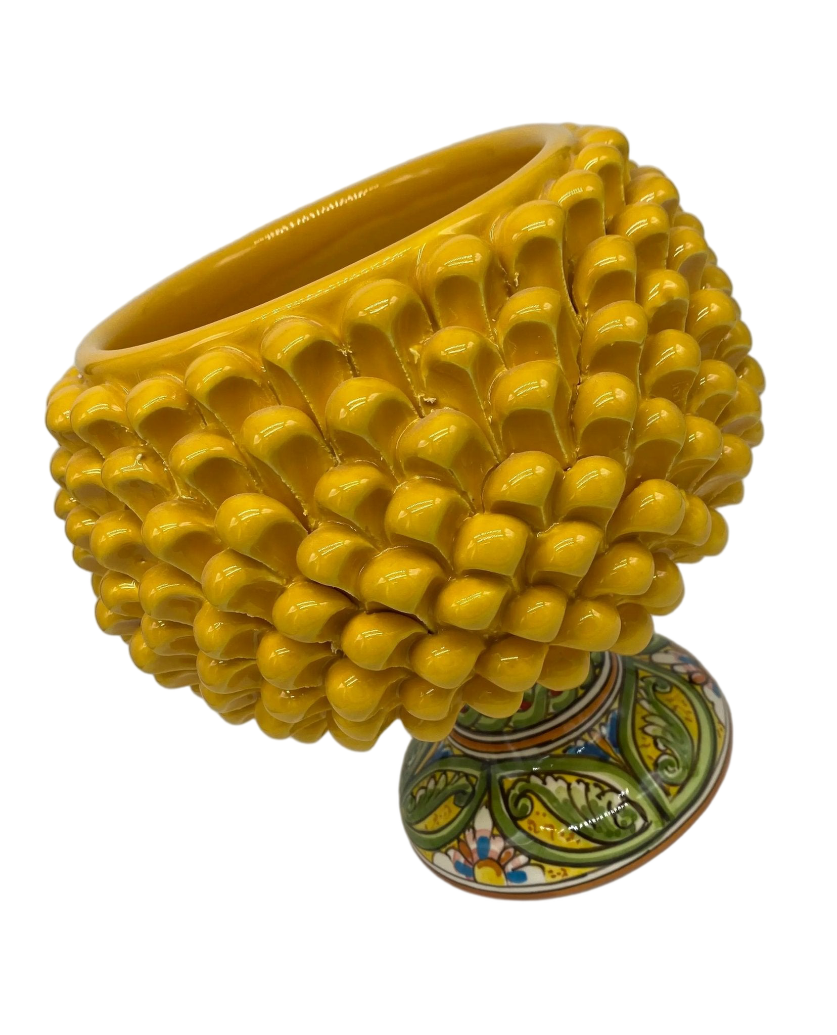 Portavaso Mezza Pigna Ceramica Caltagirone cm H.20 L.20 Artigianale Giallo Base Decorata DD CERAMICHE SICILIANE