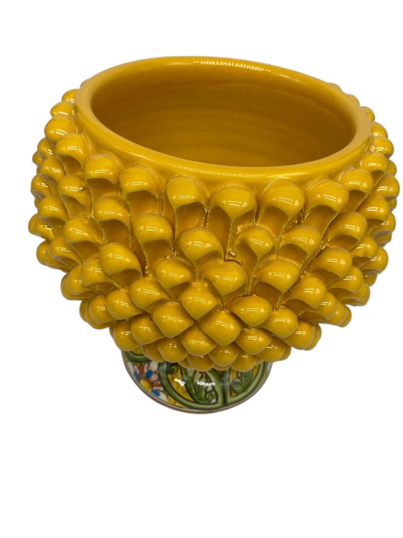 Portavaso Mezza Pigna Ceramica Caltagirone cm H.20 L.20 Artigianale Giallo Base Decorata DD CERAMICHE SICILIANE