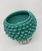 Portavaso Mezza Pigna Ceramica Caltagirone cm H.20 L.20 Artigianale Verde Cristallo Base Decorata DD CERAMICHE SICILIANE