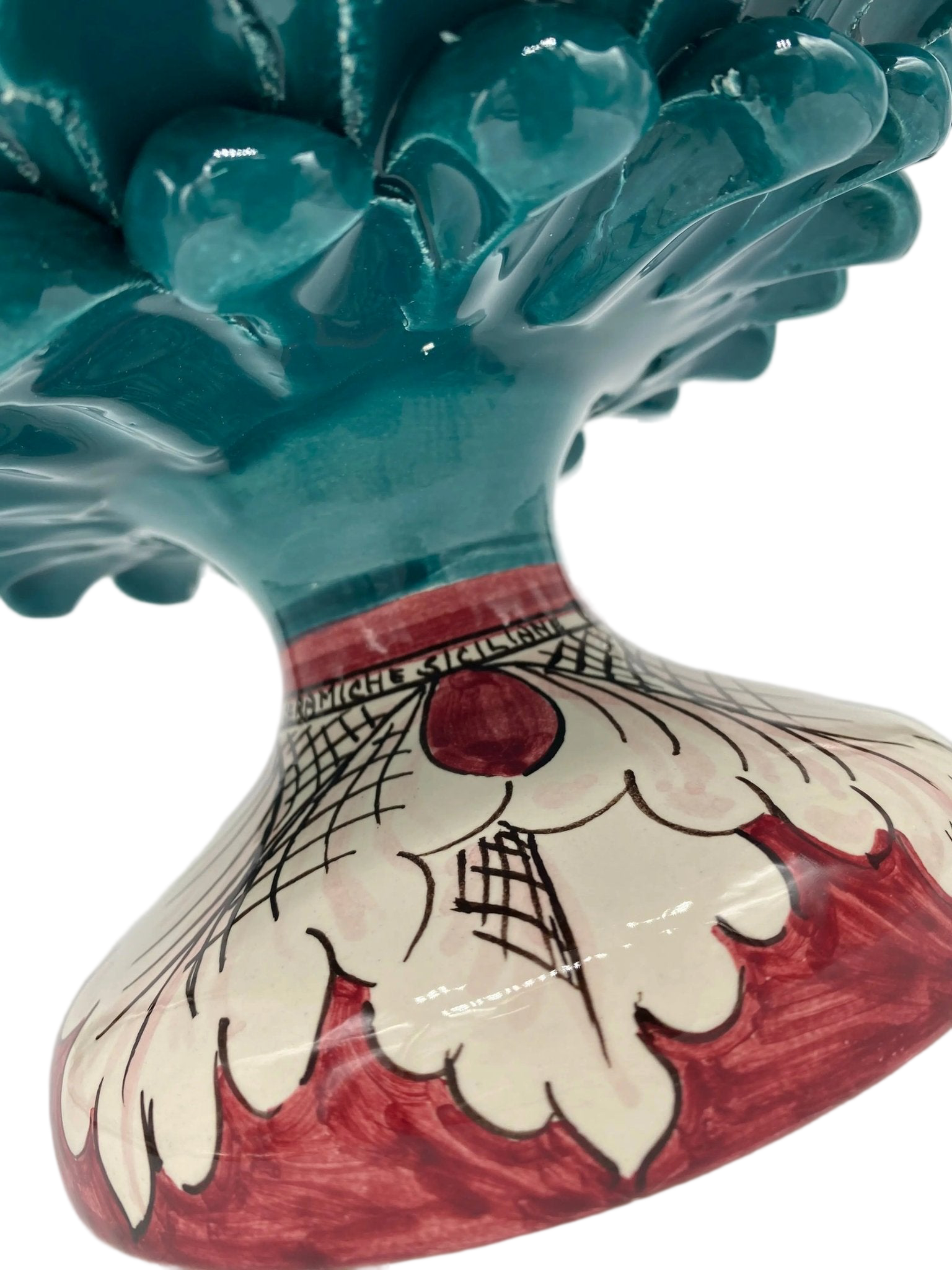 Portavaso Mezza Pigna Ceramica Caltagirone cm H.20 L.20 Artigianale Verde Ottanio Base Decorata - DD CERAMICHE SICILIANE